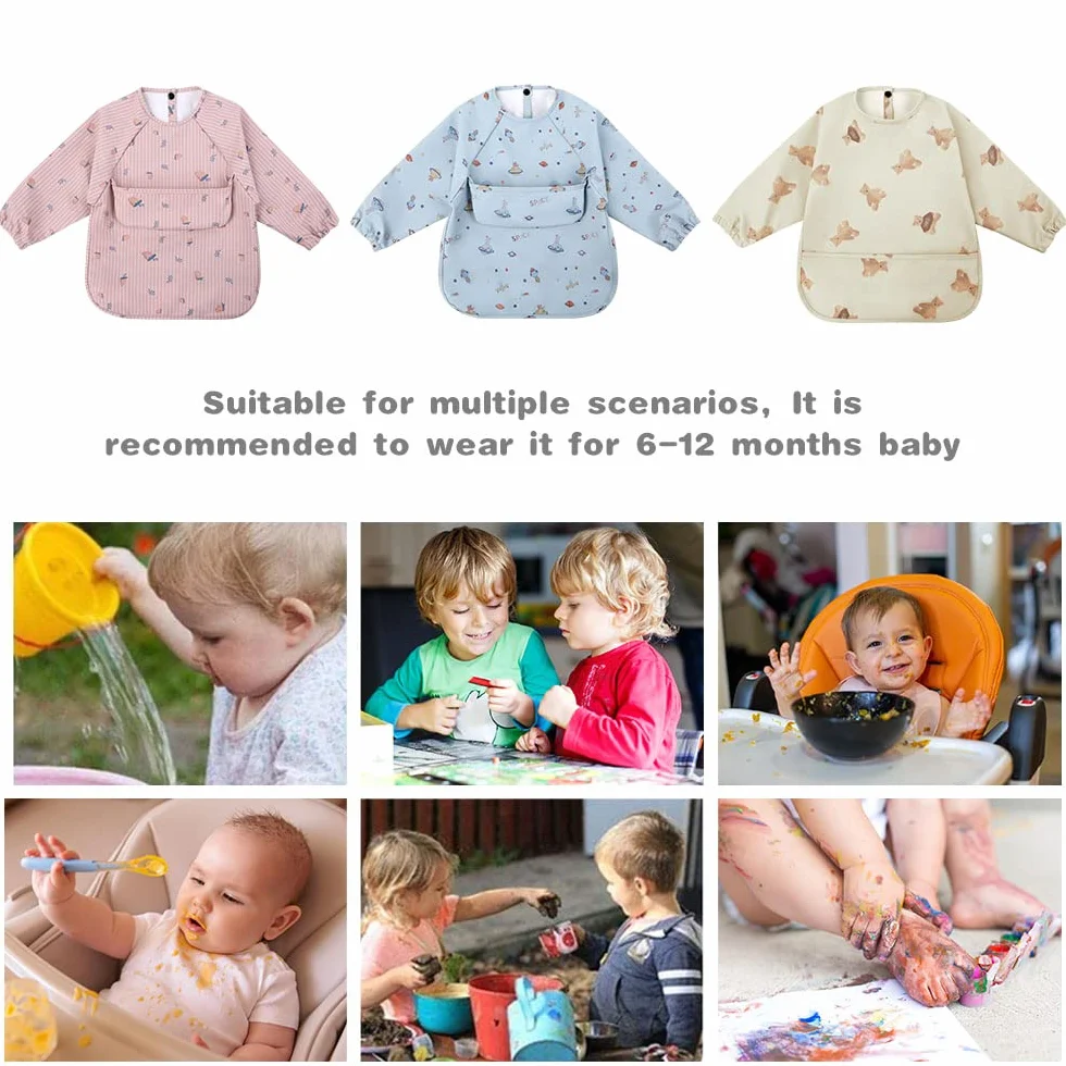 Vicloon Baby śliniaczek z długim rękawem, wodoodporny śliniak bez rękawów z kieszenią, śliniaczek dla dzieci do żywności Art Craft Painting Painting Play od 6 miesięcy do 12 miesięcy