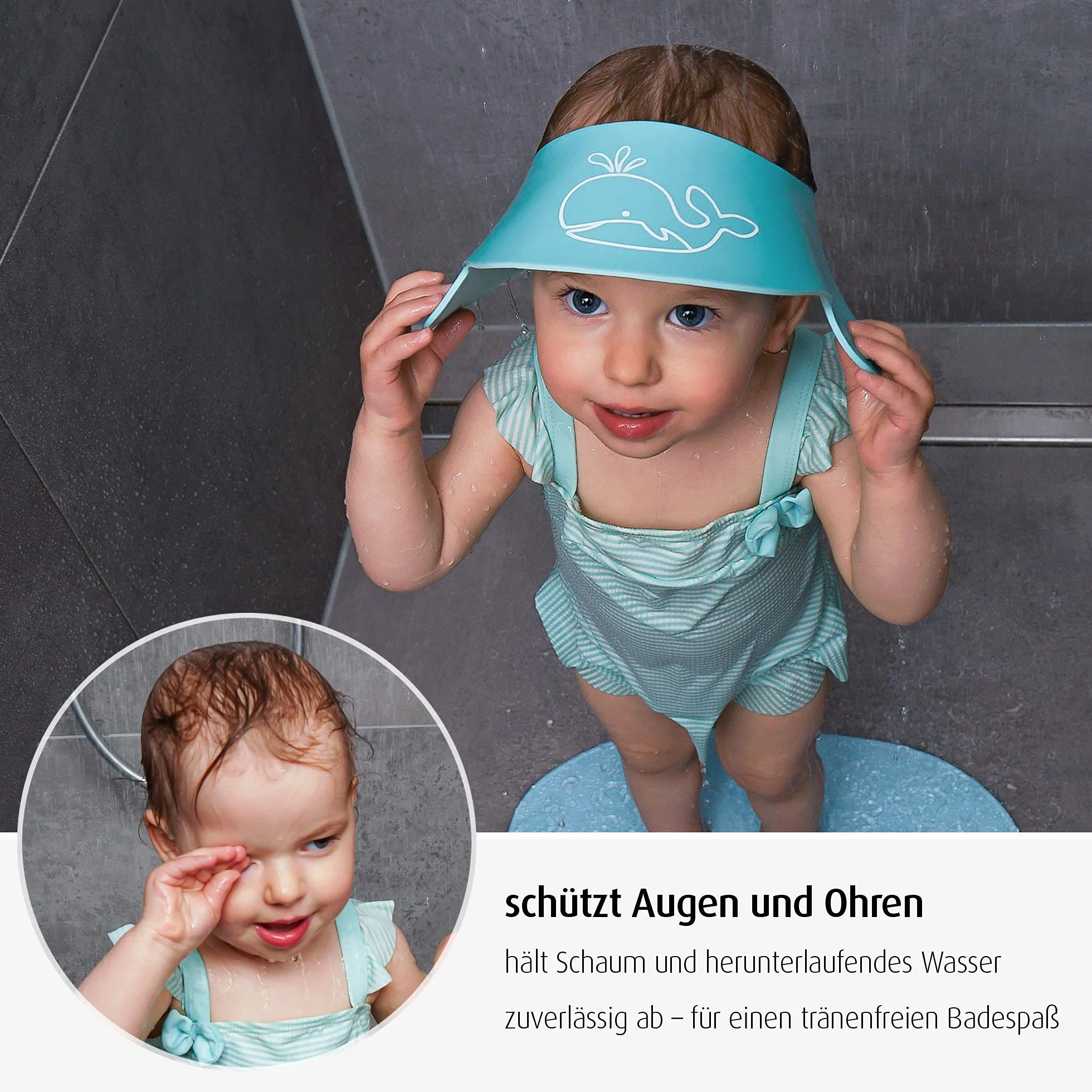 Reer 76043 MyHappyBath Cap szampon ochronny, chroni Twoje dziecko przed łzami podczas mycia włosów, bezstopniowa regulacja, niebieski, obwód głowy 40-55 cm