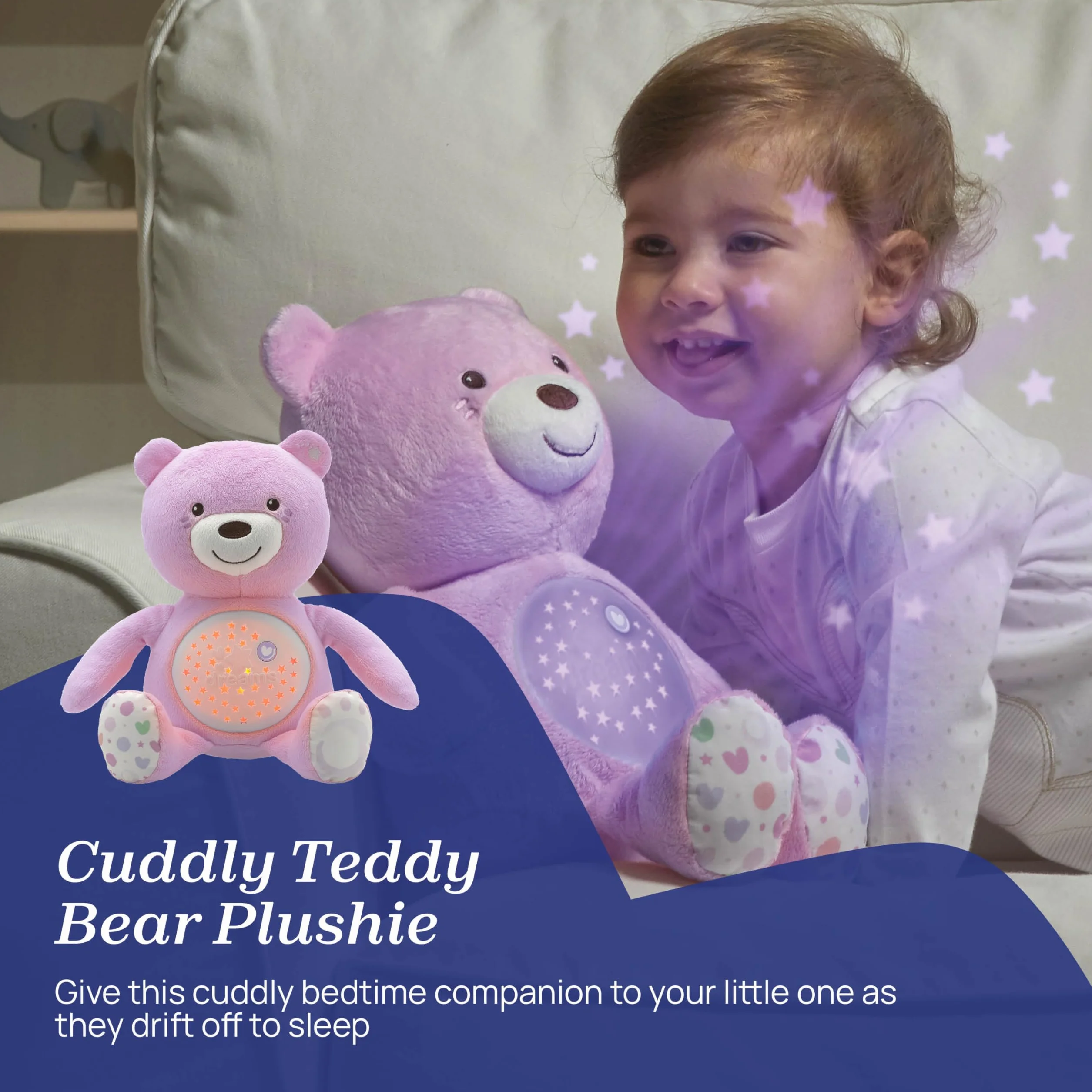 Chicco First Dreams Miś z Projektorem, z Lampką Nocną dla Dzieci, Efektami Świetlnymi i Relaksującymi Melodiami, Różowa - Zabawki dla Niemowląt 0 m +