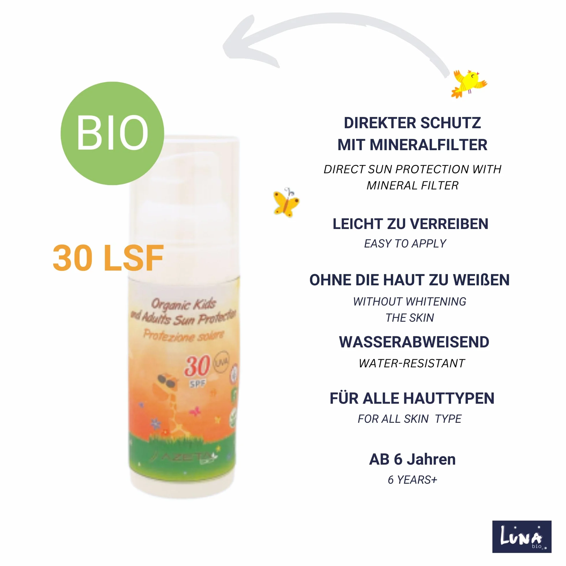 Bio krem przeciwsłoneczny dla dzieci, LSF30 Sensitiv, do twarzy i ciała, wysoka natychmiastowa ochrona wrażliwej skóry, filtr mineralny, naturalny kosmetyk, ochrona przed słońcem, krem