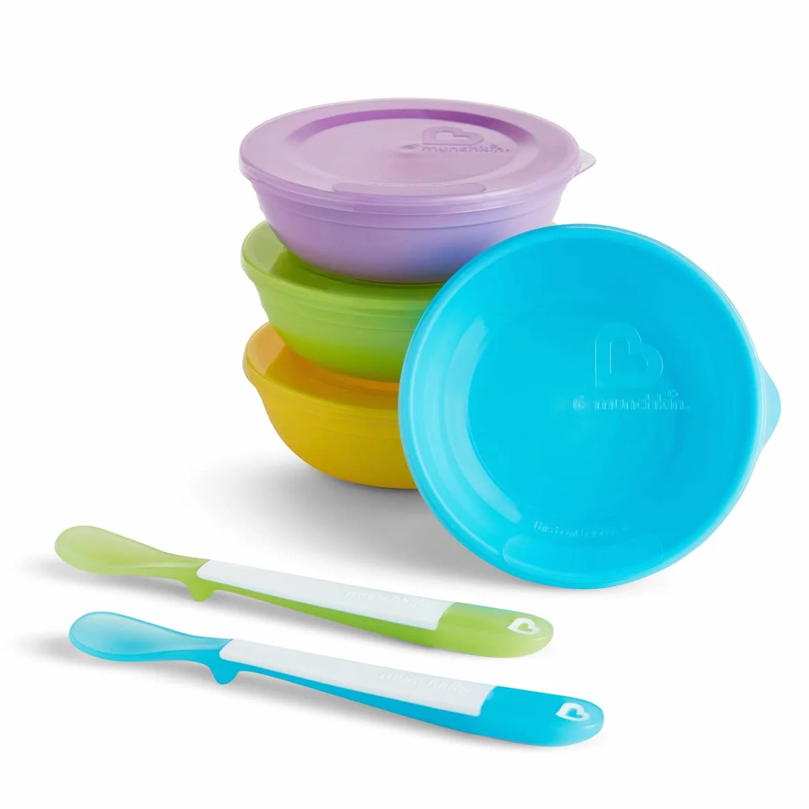 Munchkin Miski dla Dzieci z Pokrywkami Love A Bowl, Jasne, Plastikowe, Miseczki do Karmienia Niemowląt, Pojemniki na Żywność, Można Myć w Zmywarce, 4 Sztuki, Wielokolorowe