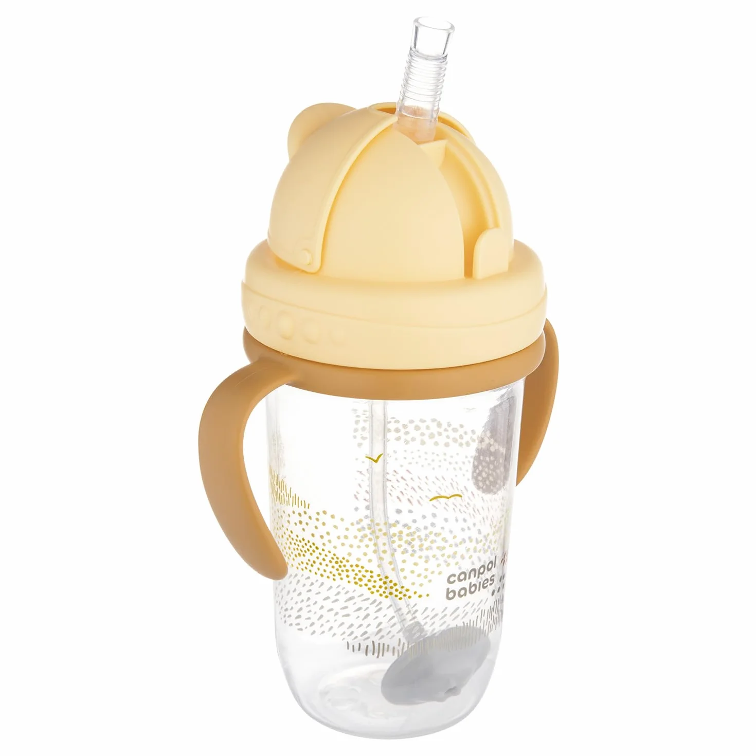 Canpol babies Kubek niekapek z rurką i odważnikiem 270 ml, 6m+, Picie pod każdym kątem, Niekapiąca miękka silikonowa rurka, Szczelna pokrywka (Żółty MOUNTAINS)