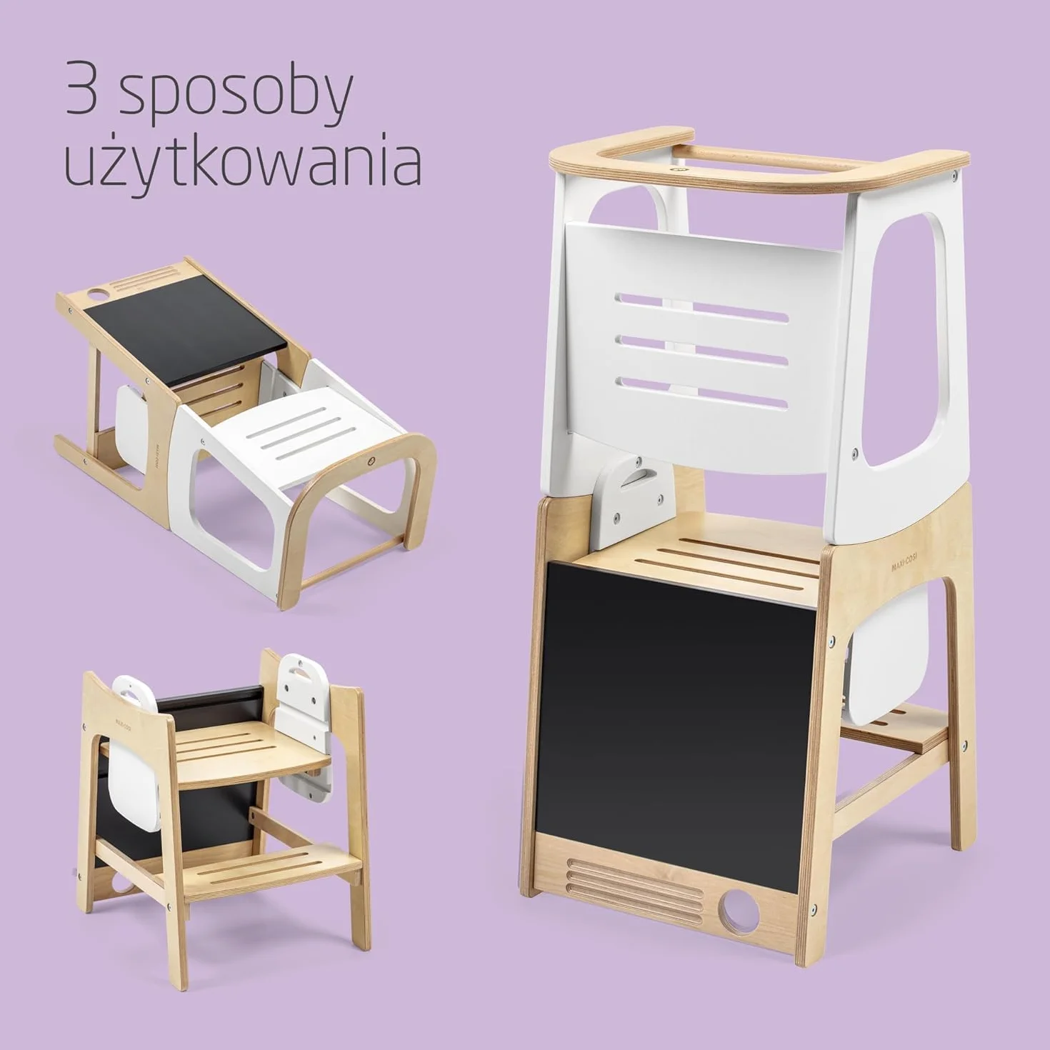 Maxi-Cosi Toucan 3 w 1 Wieża Edukacyjna dla Niemowląt, Montessori Pomocnik Kuchenny Drewniany, 1,5–99+lat, 10–150kg, 3 Ustawienia Wysokości, Stolik+Krzesełkiem, FSC® 100% Certyfikowanego, Natural Wood