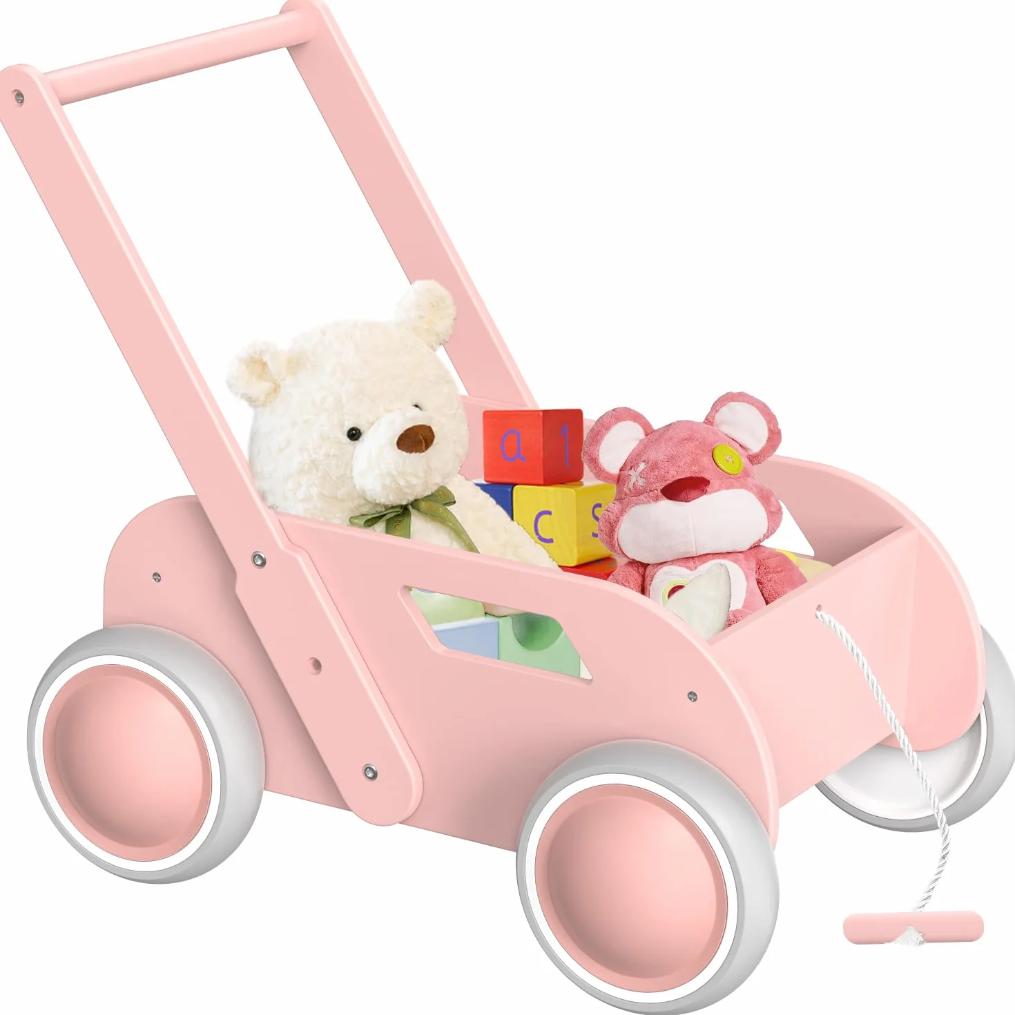 Różowy drewniany wózek do nauki chodzenia Baby Walker dla dzieci z kółkami