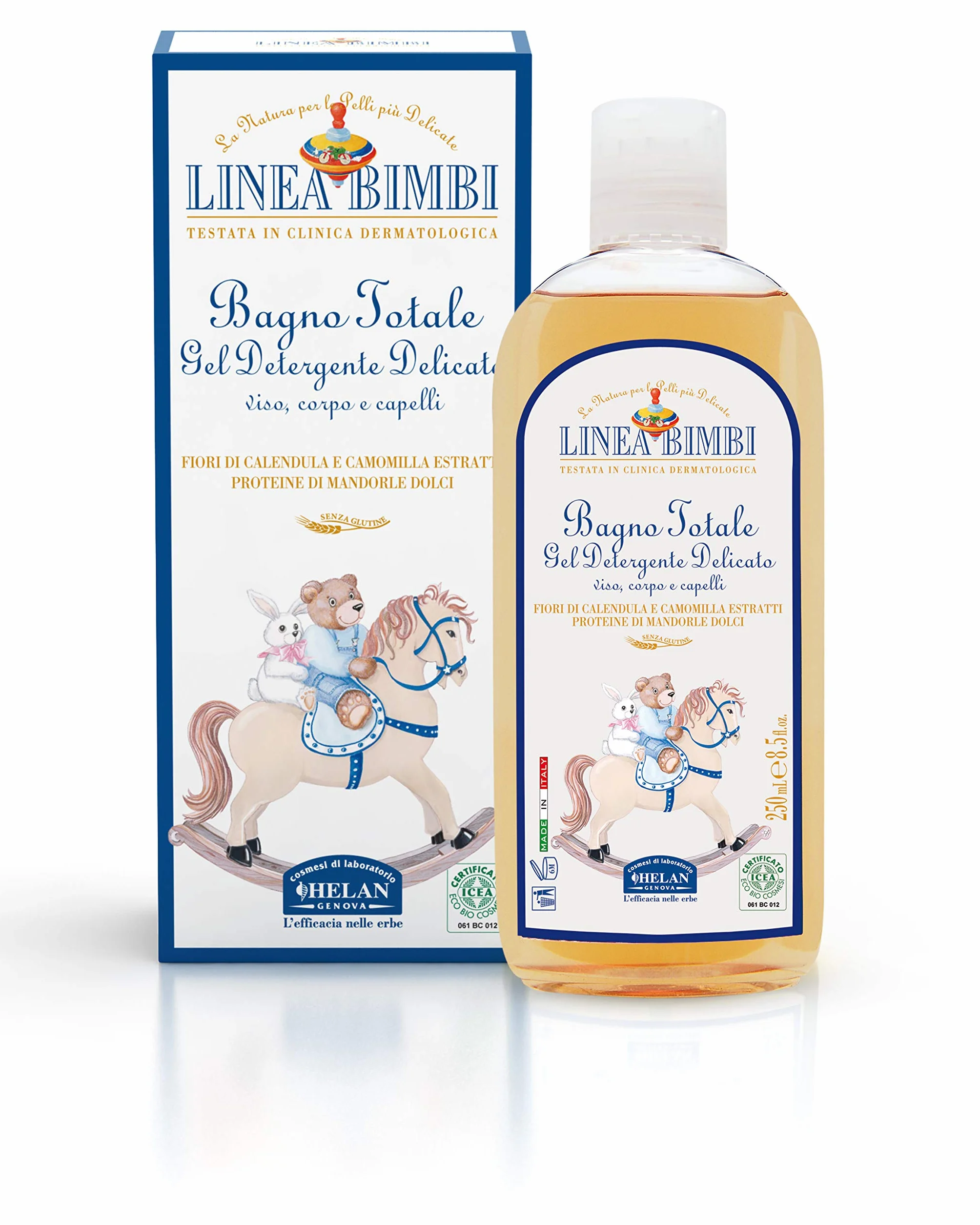 Helan, Linea Bimbi - słodki zestaw do kąpieli niemowląt: żel pod prysznic 250 ml, puder ryżowy 75 g, chusteczki nawilżane 60 szt., krem chroniący rany 100 g, krem do ciała