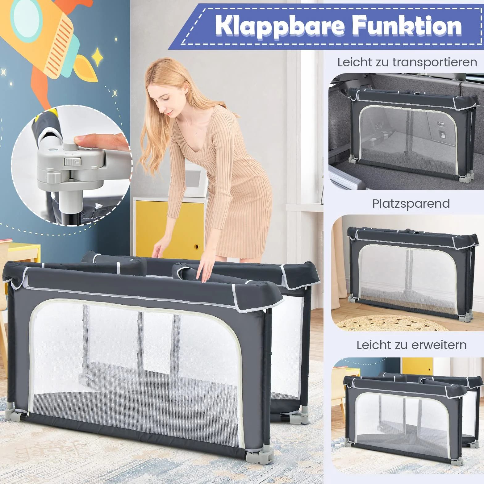 COSTWAY Kojec dla niemowląt 124 x 124 cm, składany, przenośny kojec z 50 piłkami, 4 uchwyty, funkcja blokowania, kratka do raczkowania ze ściankami z siatki i drzwiami, namiot dla niemowląt i dzieci