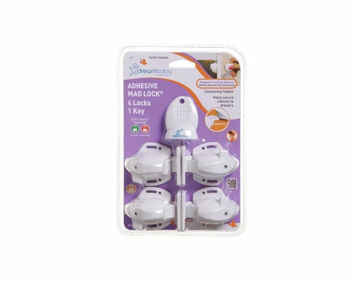 Dreambaby G855 samoprzylepna niewidoczna szafka, zabezpieczenie przed dziećmi, zestaw 4 zamków, 1 klucz