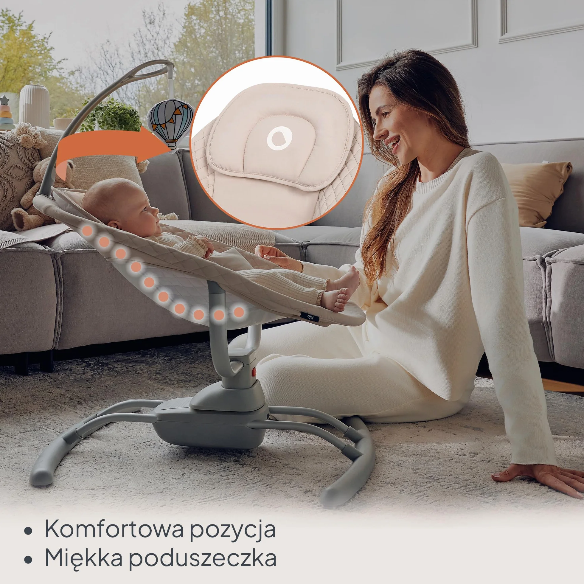 LIONELO RIO Elektryczny Bujaczek dla Niemowląt do 9 kg, Regulacja Oparcia, 3 Prędkości Bujania, Poduszka, Pasy Bezpieczeństwa, Melodie i Dźwięki Natury, Pałąk z Zabawką, Lekki 3,5 kg