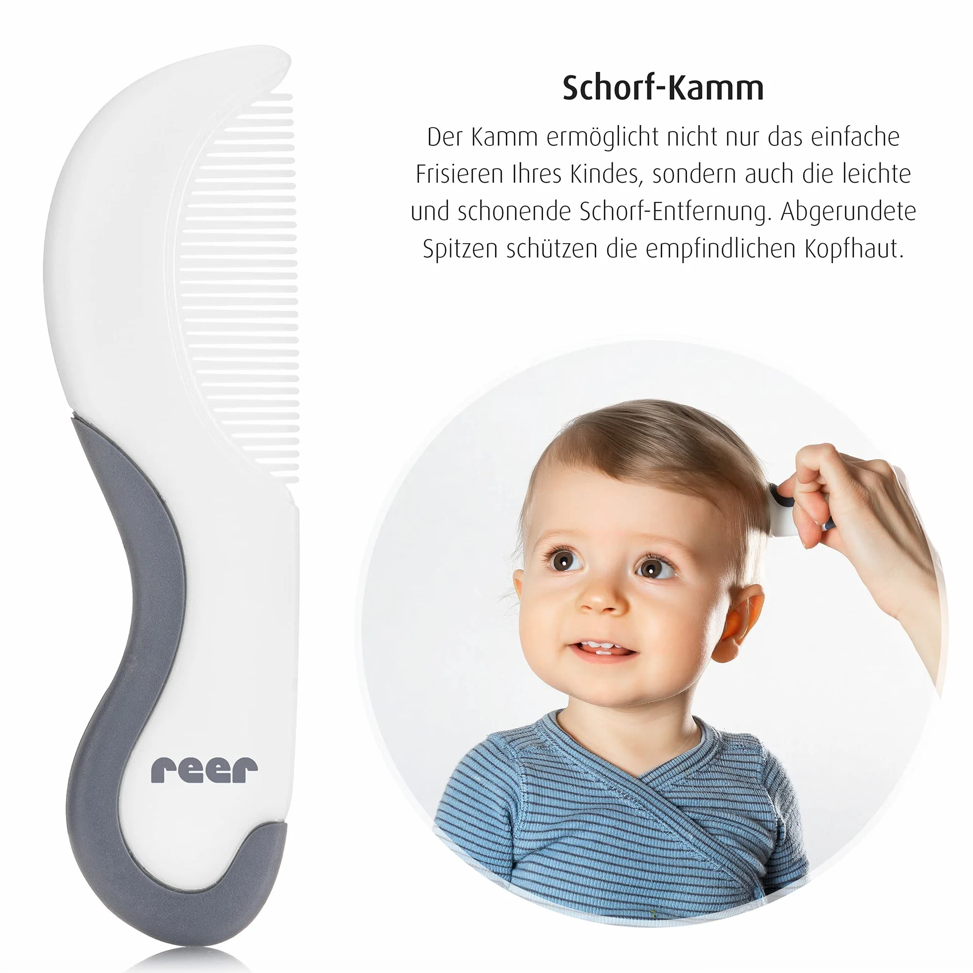 Reer BabyCare 81070 zestaw do pielęgnacji włosów, 2-częściowy, kozia szczotka do włosów i grzebień do strupa, biały
