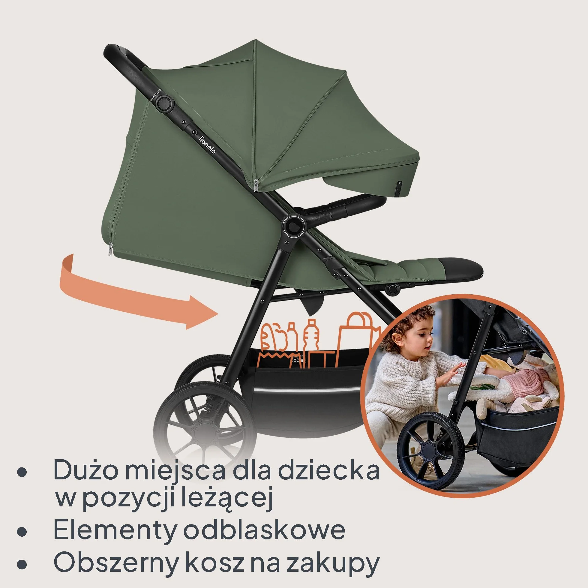 LIONELO IVA Spacerowy Wózek Dziecięcy do 22 kg od 6 m do 4 lat Obrotowe Koła 360° Pełna Amortyzacja Regulacja Rączki Oparcia i Podnóżka Daszek XXL UPF50+ Materiał Premium