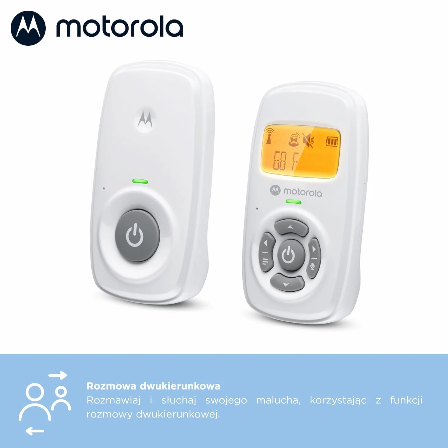 Motorola Nursery AM24 Elektroniczna niania, dwukierunkowa rozmowa, mikrofon o wysokiej czułości, wyświetlacz LCD, technologia DECT, zasięg do 300 metrów, regulacja głośności, alarm baterii