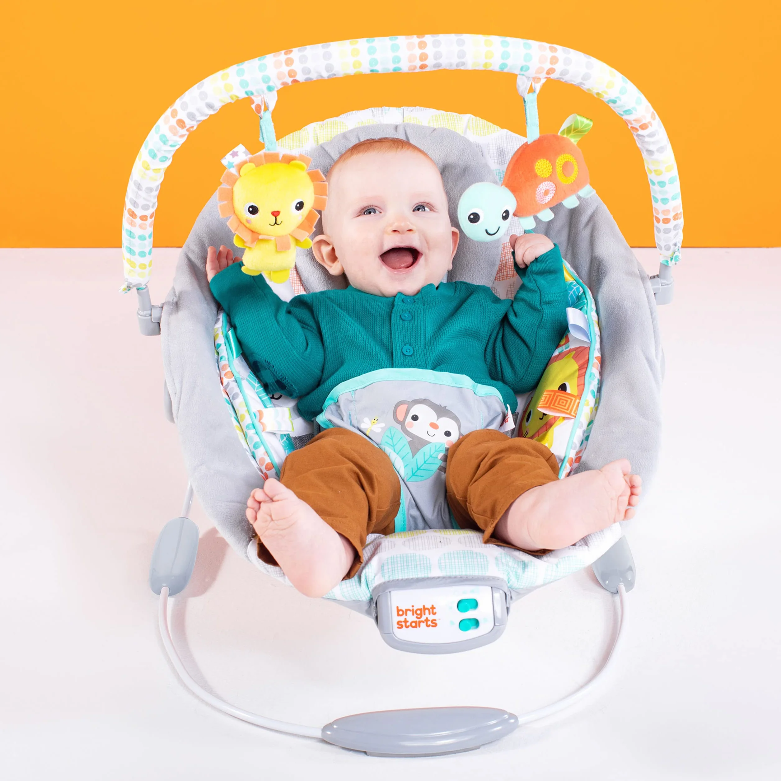 Bright Starts Wygodne siedzisko dla niemowląt, kojące wibracje, muzyka, zdejmowany, 0-6 miesięcy do 9 kg (kapryśny dziki)