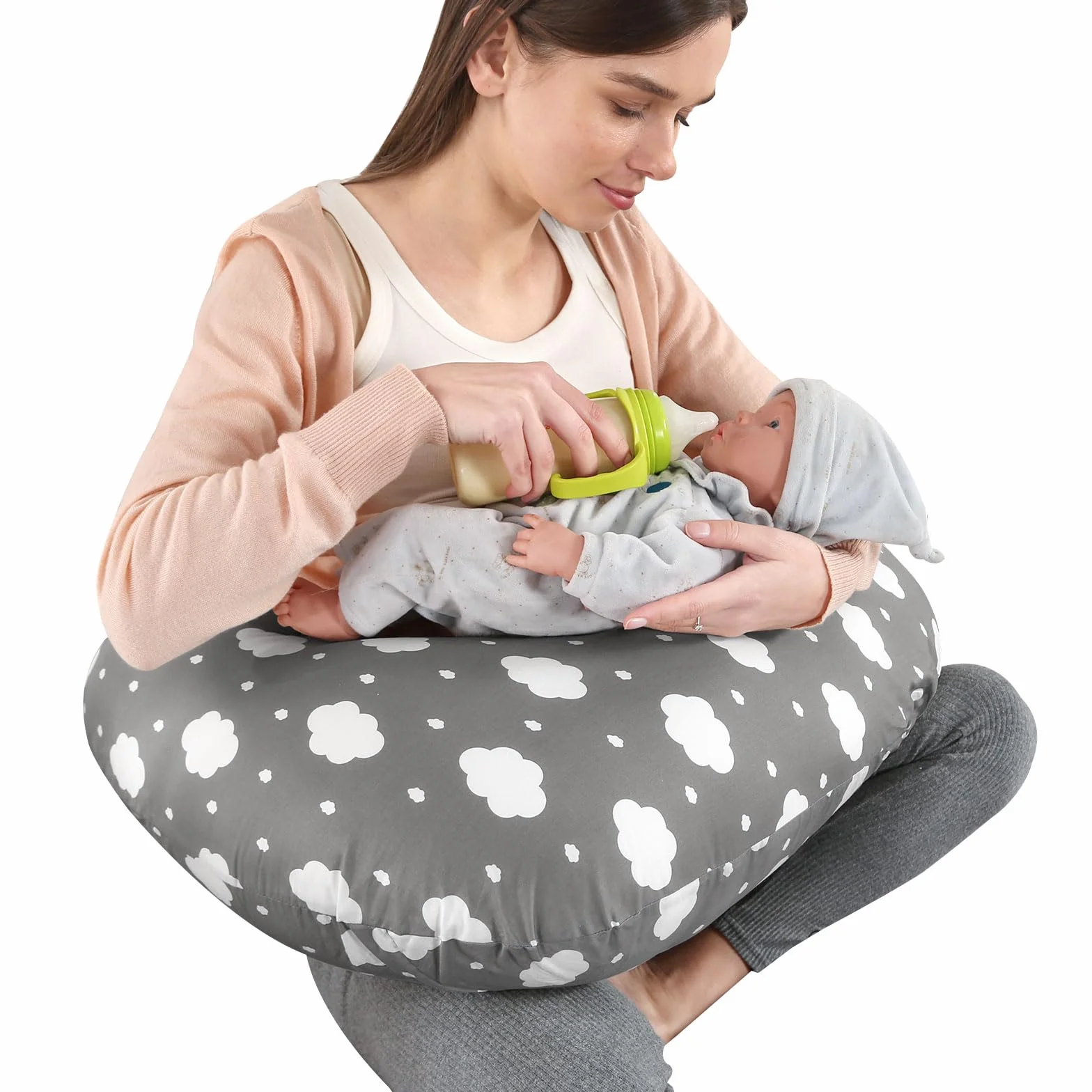 Poduszka Do Karmienia Piersią, Ergonomiczna Poduszka Podtrzymująca Dla Mam, Szeroka Poduszka Do Karmienia Z Antypoślizgowym Paskiem W Pasie I Zdejmowaną Bawełnianą Poszewką (Szary)