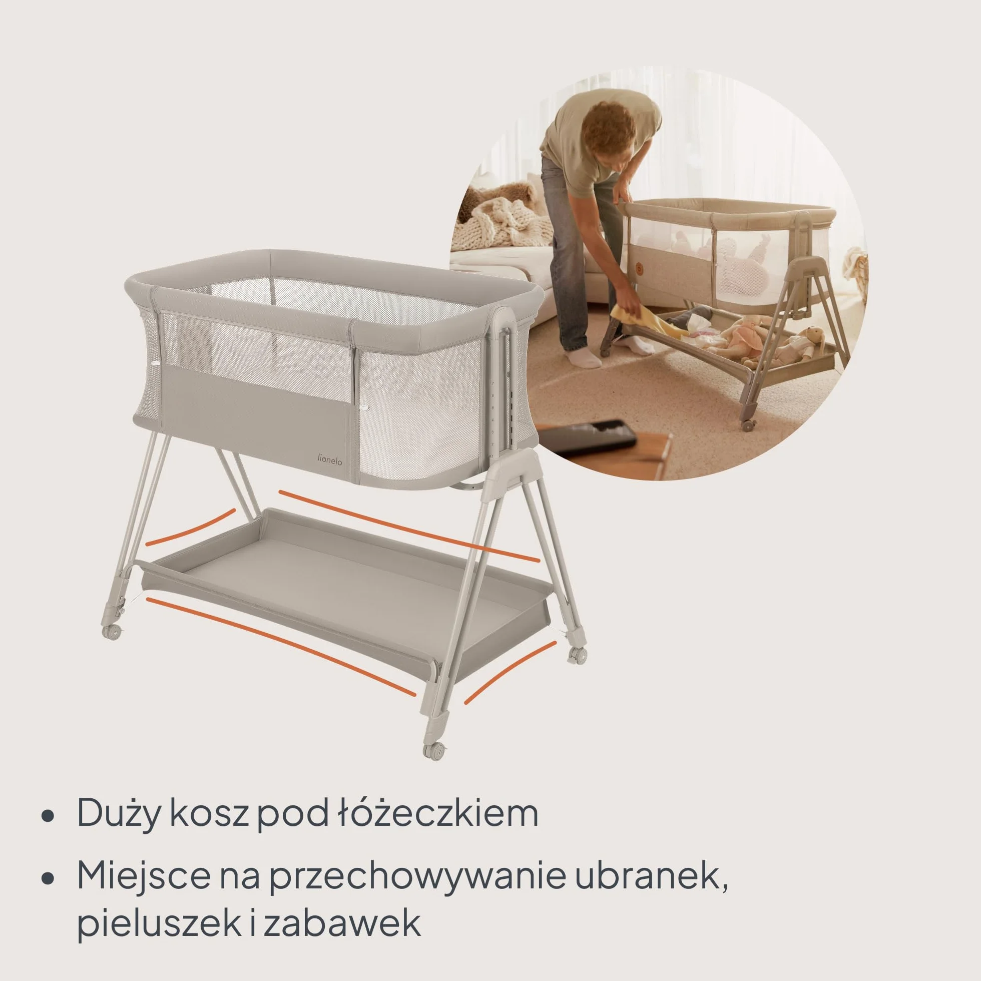 LIONELO Luna przenośne łóżeczko dostawne z materacykiem, co-sleeping, od noworodka do 9 kg. Regulowana wysokość i pochył, 4 kółka z blokadą, mocowanie do łóżka rodziców, przewiewne