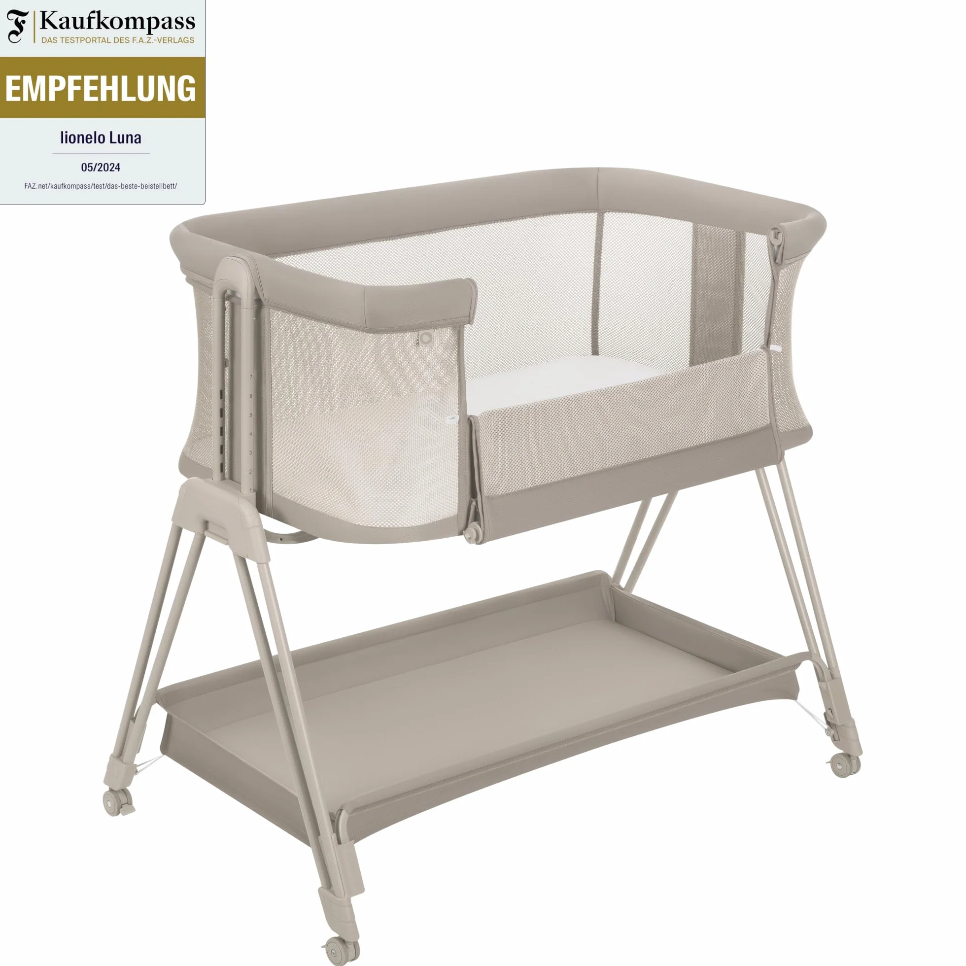 LIONELO Luna przenośne łóżeczko dostawne z materacykiem, co-sleeping, od noworodka do 9 kg. Regulowana wysokość i pochył, 4 kółka z blokadą, mocowanie do łóżka rodziców, przewiewne