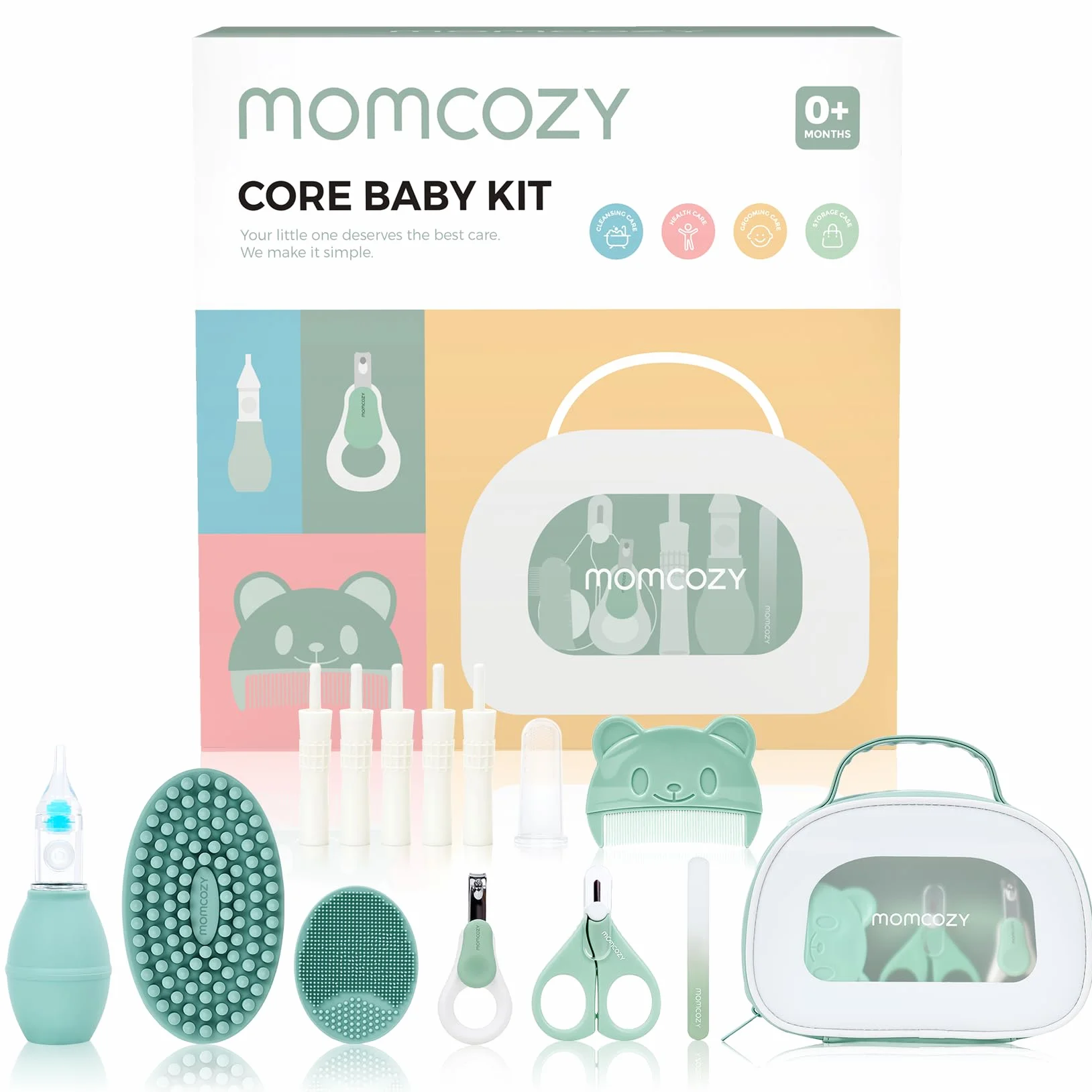 Momcozy Core Baby Kit, podstawowy zestaw dla dziecka do pielęgnacji i zdrowia oraz czyszczenia, zestaw pilniczek do paznokci, aspirator do nosa, rury do odgazowania, szczotki do kąpieli, szczoteczka