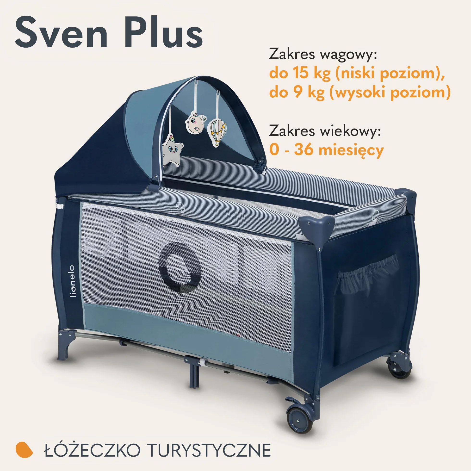 LIONELO Sven Plus 2 w 1, Łóżeczko Turystyczne, Przewijak, Moskitiera, Funkcja Bujania, Baldachim z Moskitierą, Zabezpieczenie przed Złożeniem, Wejście Boczne