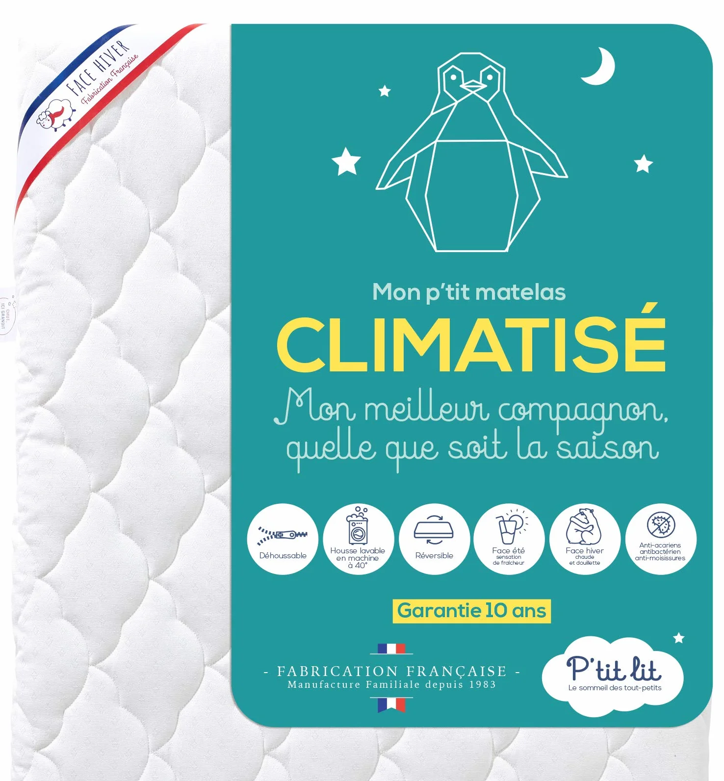 P'tit Lit - Klimatyzowany materac dziecięcy - 60 x 120 cm - 1 strona chłodnego lata / 1 strona zimowa watowana - Anti Acarien - Zdejmowany - Oeko Tex® - Wyprodukowano we Francji