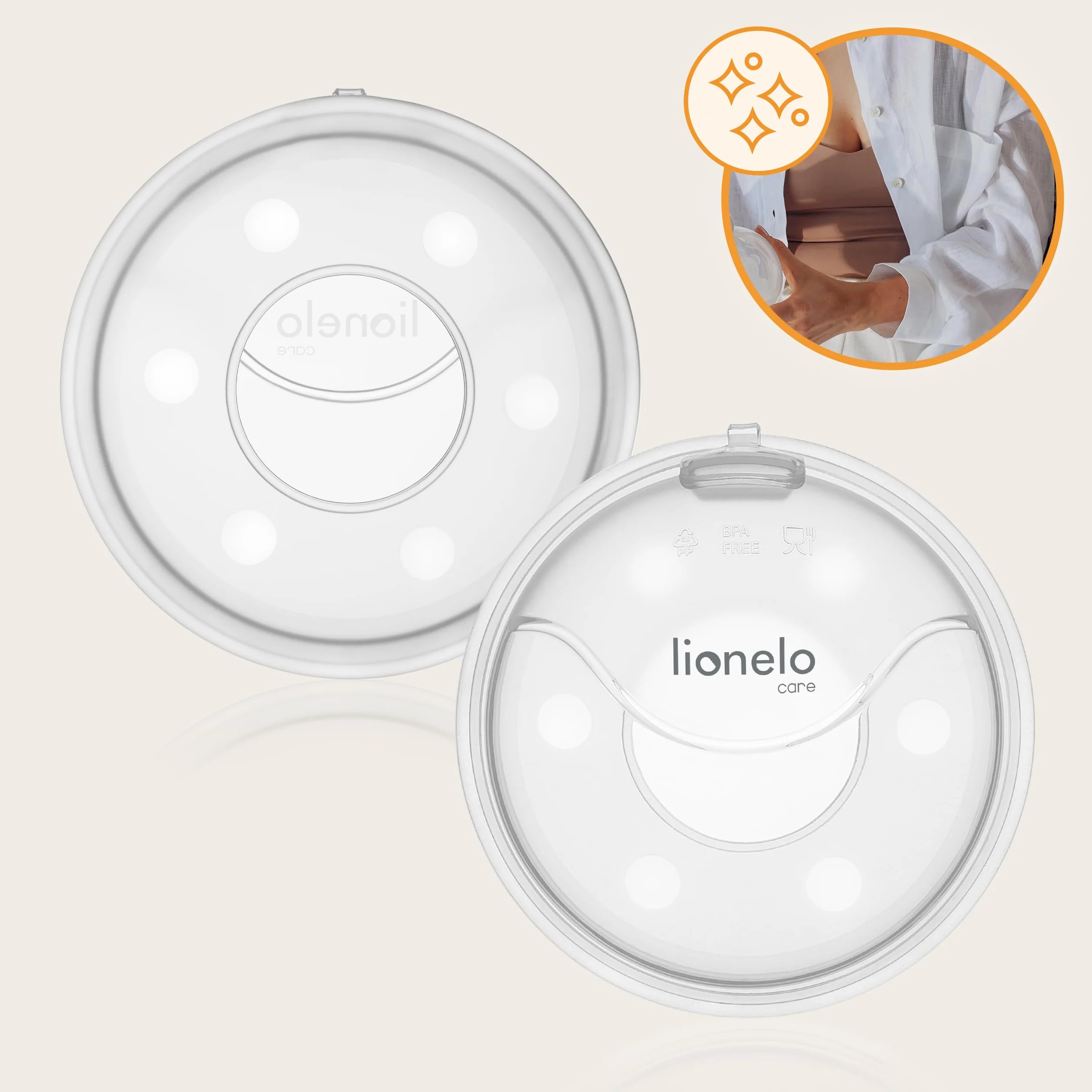 LIONELO MILKY PLUS Kolektor Pokarmu Muszle Laktacyjne Bez BPA Silikonowe 2 Sztuki Etui Łatwe Czyszczenie Dyskretne Wygodne Kolektor Mleka Wielokrotnego Użytku