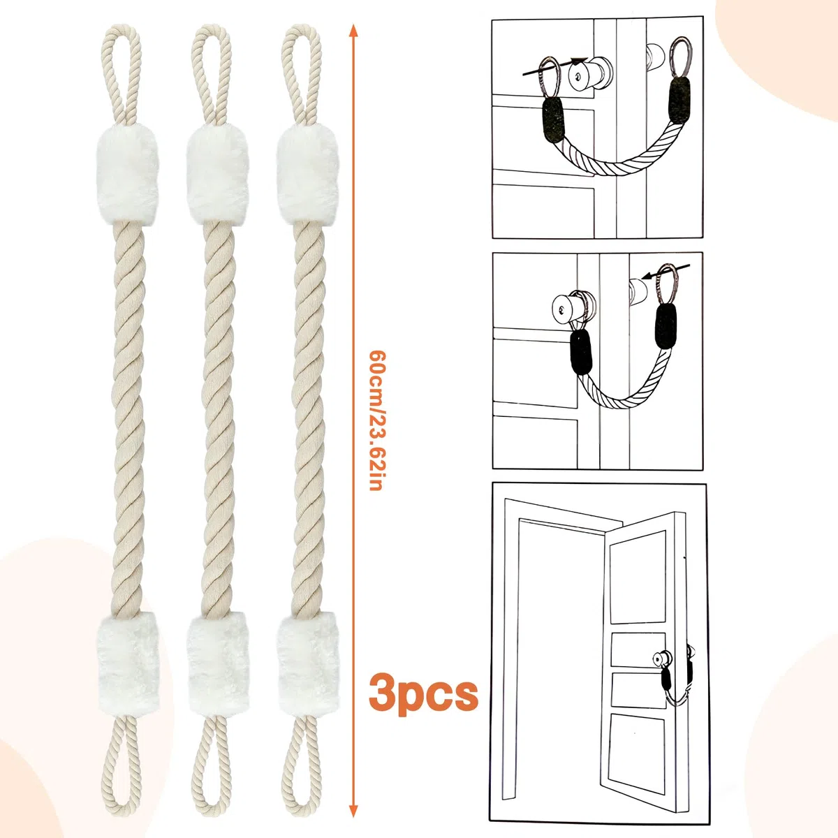 3 stopery do drzwi, bawełna, ochrona przed zaciskiem, ochrona przed zaciskiem, 60 cm, ochrona przed zaciskiem, stoper do drzwi, klamka, materiał dla zwierząt domowych i dzieci, ochrona palców (biały)