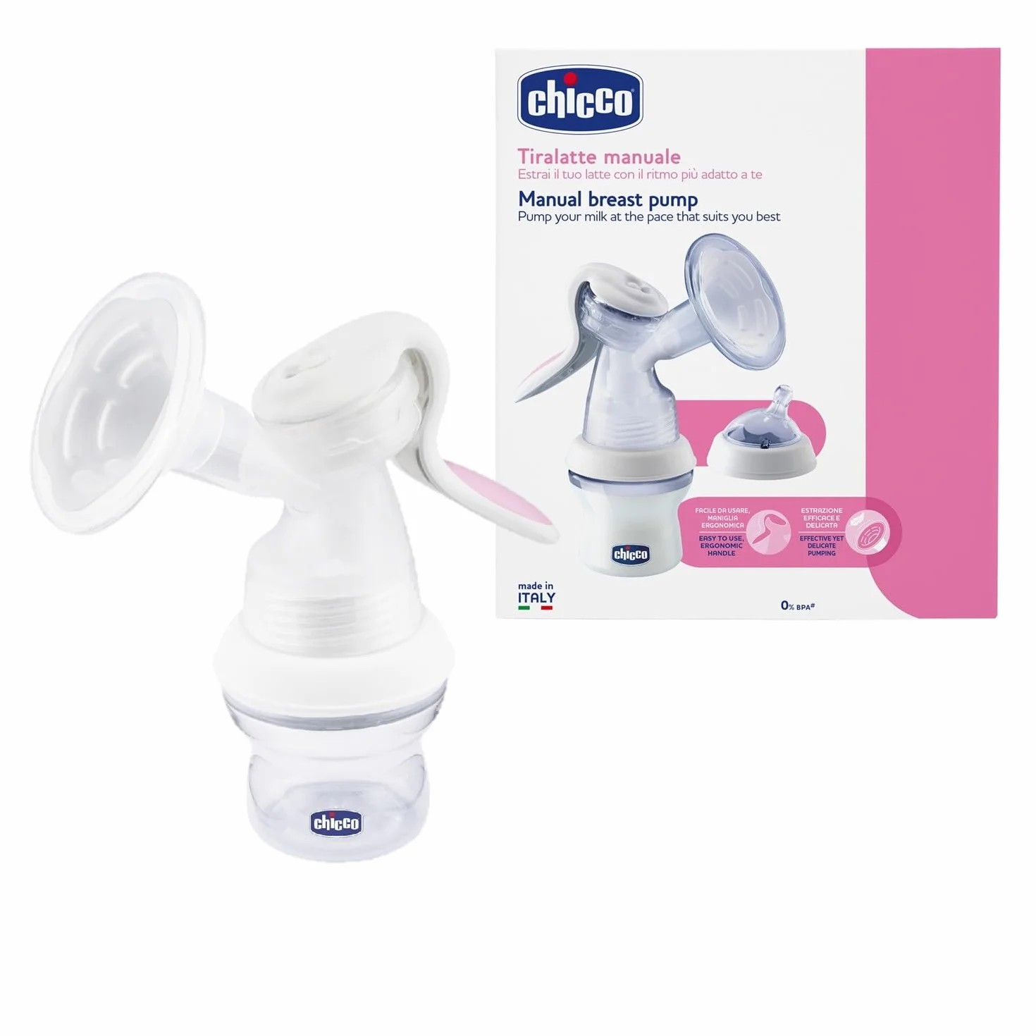 Chicco Laktator Manualny Natural Feeling 150 ml Ergonomiczny Kształt Zakrzywiony Smoczek