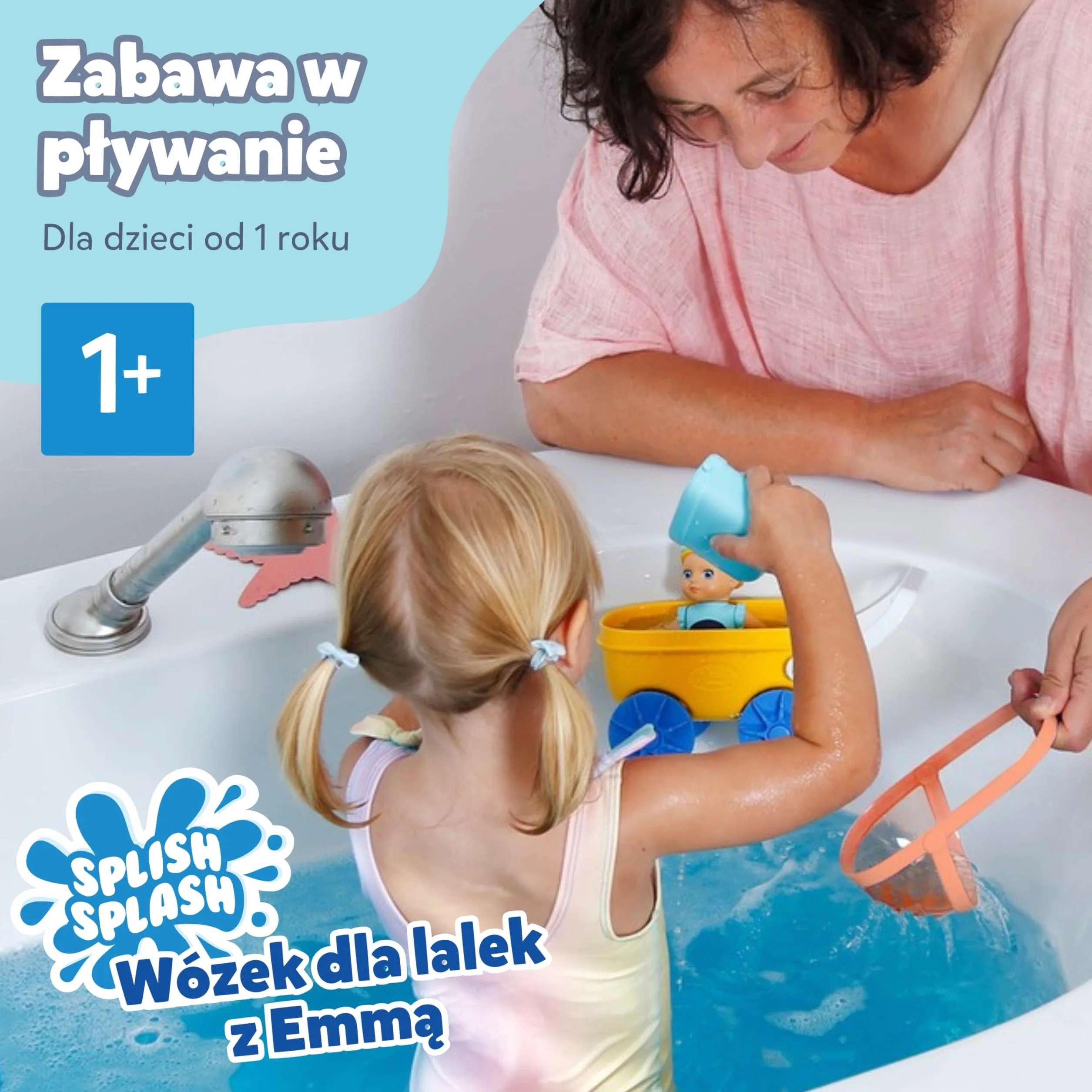 BABY born Splish Splash wózek z Emmą, interaktywna zabawka do kąpieli dla maluchów z nakręcanym pływaniem Emmą i wózkiem z osłoną przeciwsłoneczną i prawdziwymi kółkami roboczymi, zabawka do kąpieli