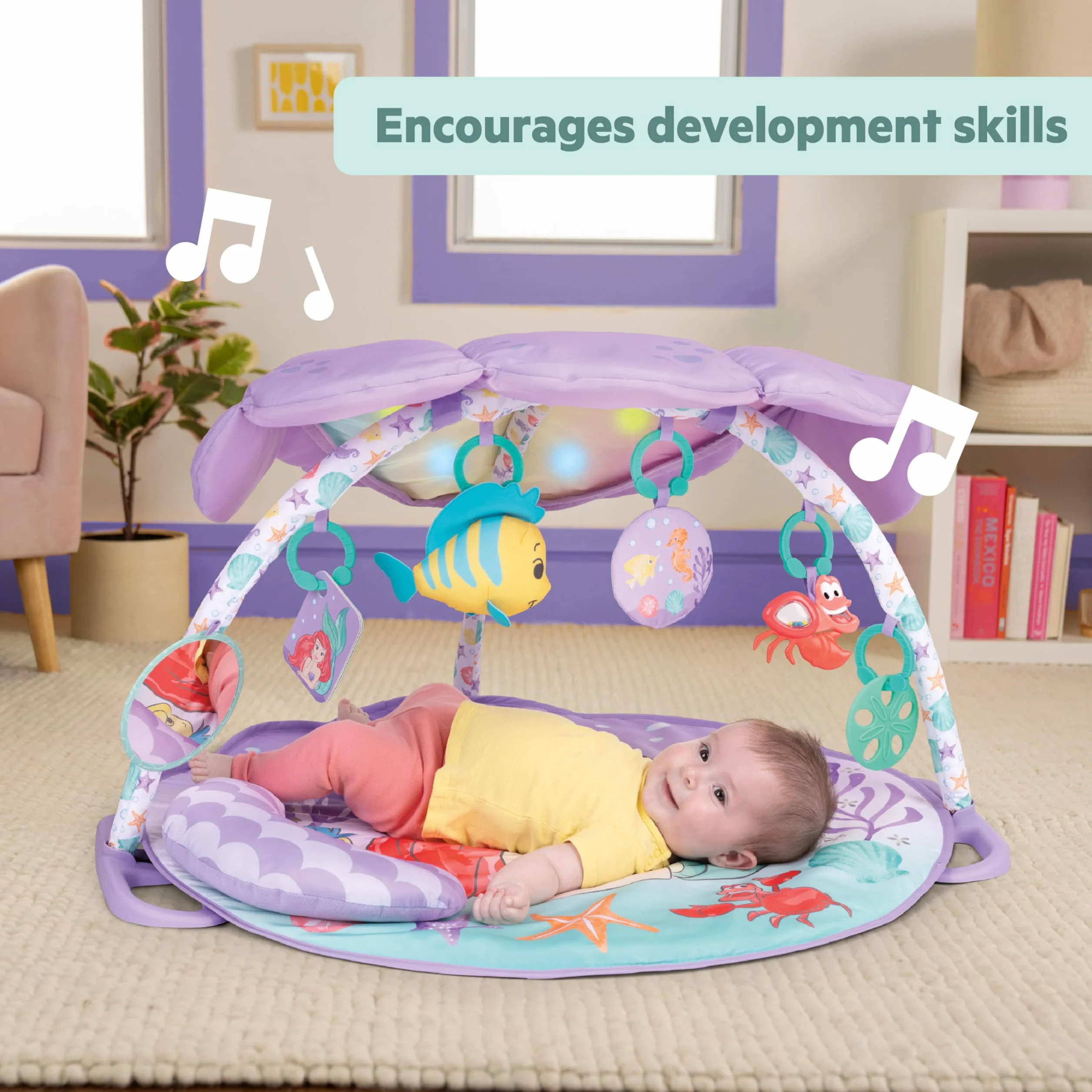 Bright Starts, Disney Baby, Mała Syrenka Twinkle Trove Light-Up Musical Baby Activity Gym, ponad 25 min melodii, 6 zabawek, wiek noworodek +, fioletowy