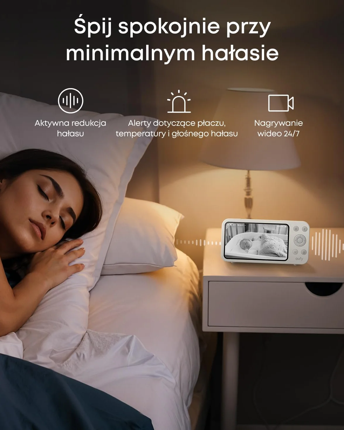 Kamera dziecięca eufy E20 z kamerą 2K HD, wyświetlaczem 5” 720p, hybrydowym Wi-Fi i bez połączenia Wi-Fi, obrót i pochylenie, 4-krotny zoom, ANR, inteligentne alerty