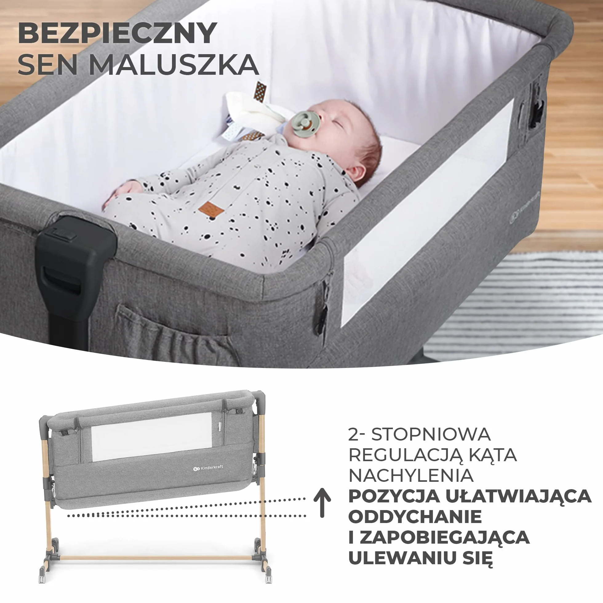 Kinderkraft NESTE GROW Łóżeczko dziecięce 3 w 1, dostawne, regulowana wysokość, jasnoszary