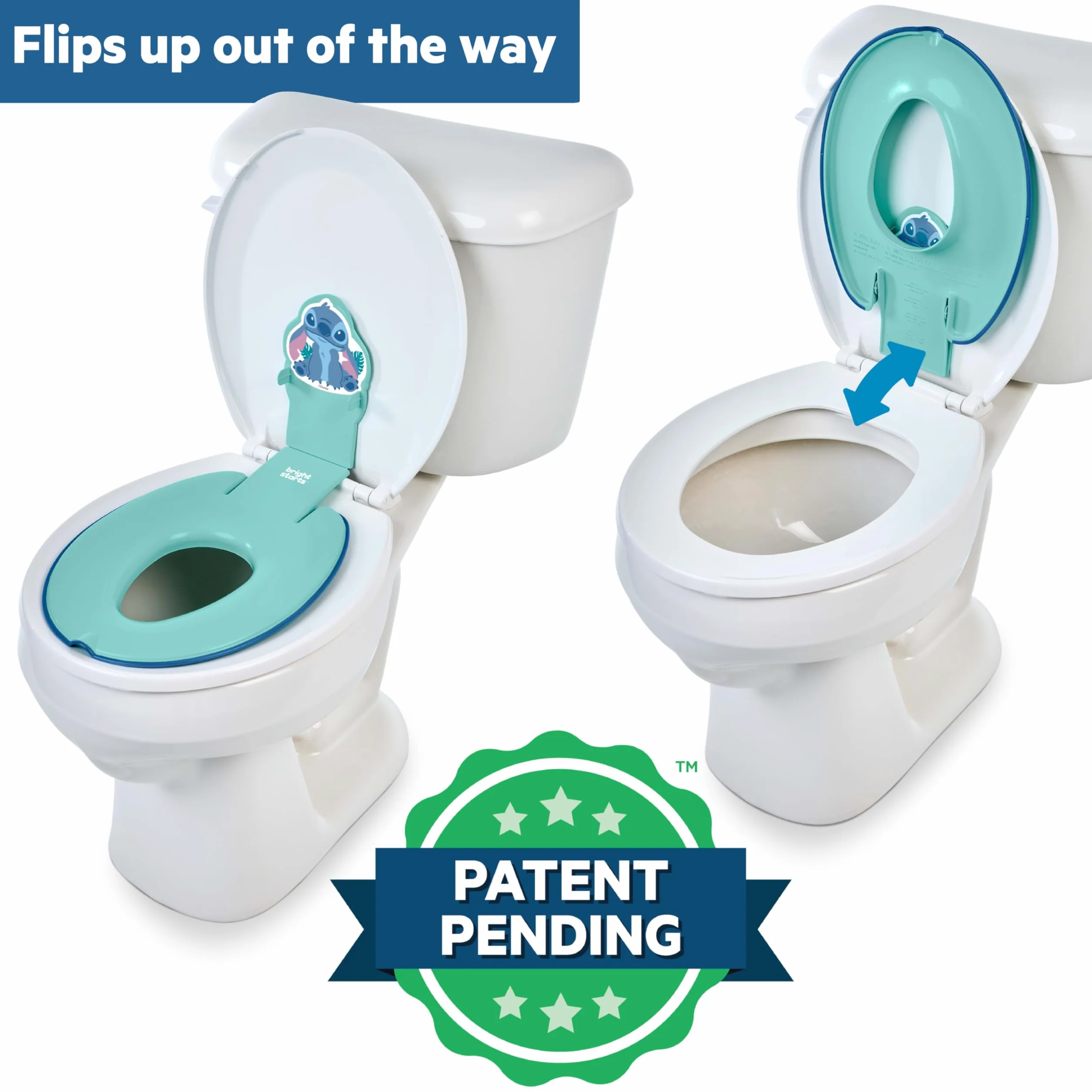 Bright Starts Disney Baby Stitch Flip & Sit Nocnik, bezpiecznie mocuje się do toalety, oszczędzający miejsce design