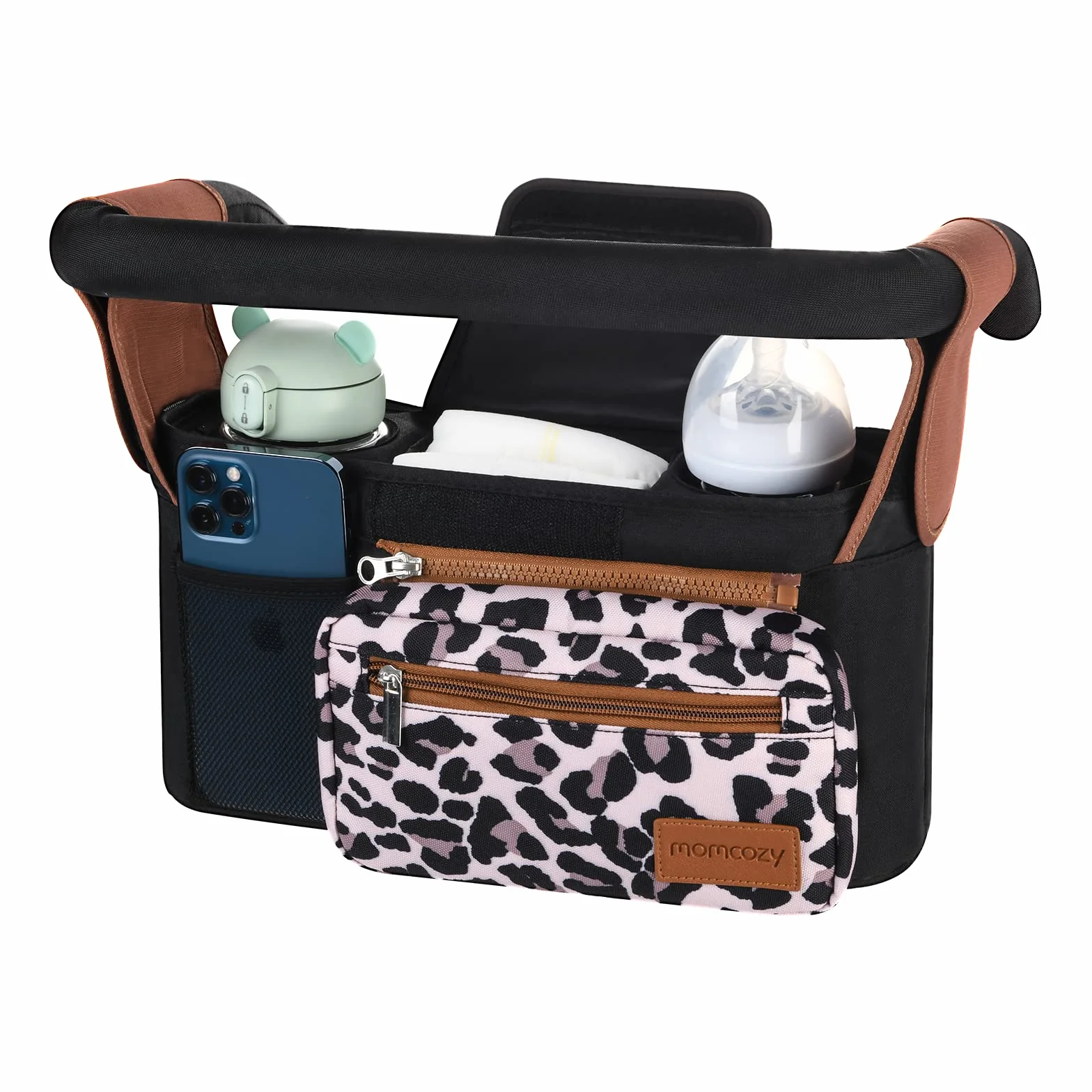 Organizer do wózka spacerowego Momcozy Torba na wózek Organizator wielofunkcyjny na wózek dziecięcy z odpinanym kieszeniem, kieszenią na telefon komórkowy, 2 uchwytami na kubki i paskiem na ramię