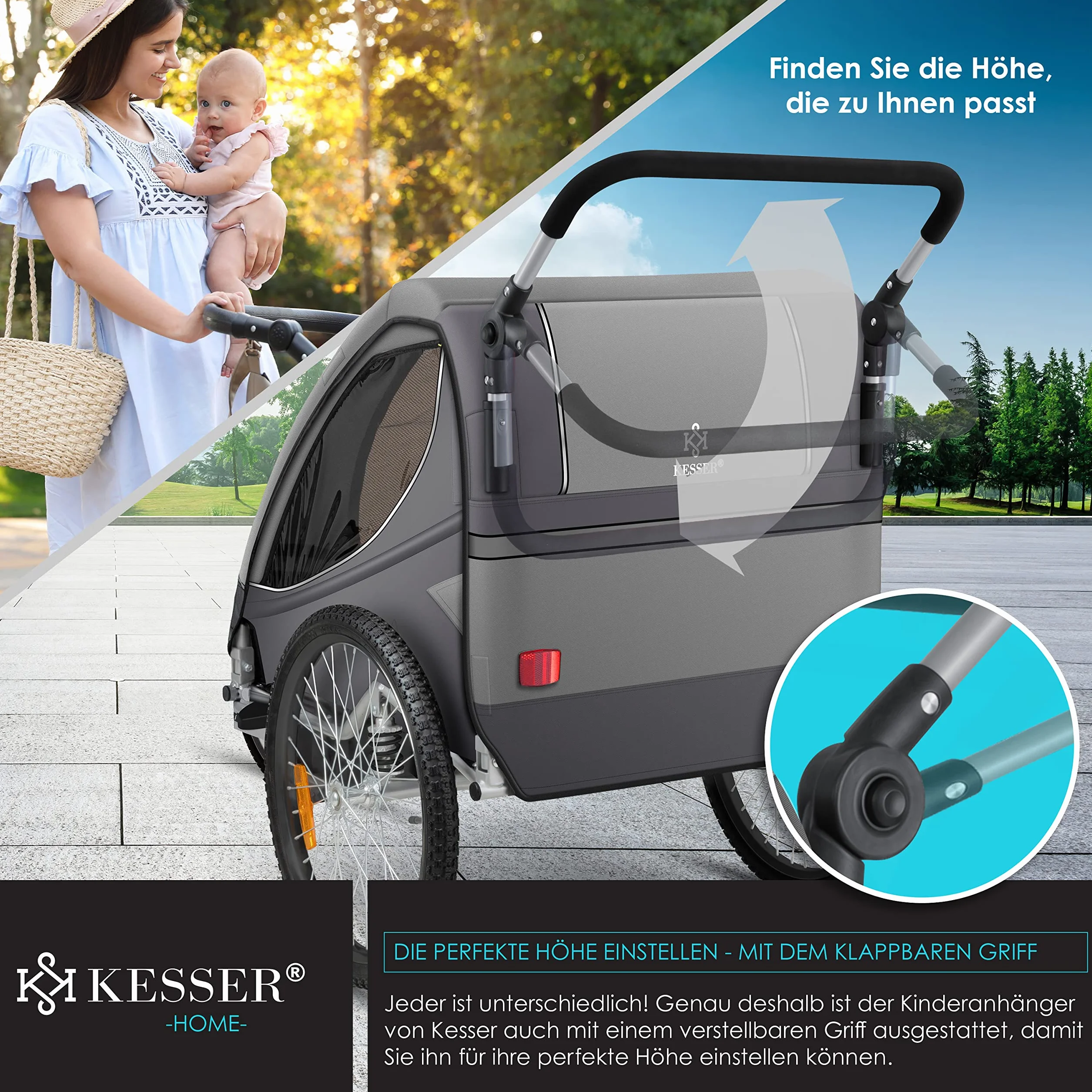 KESSER® Cruiser Child Trailer Przyczepka rowerowa 360° obrotowa z zawieszeniem 2w1 Funkcja Jogger Dziecięca przyczepka rowerowa + 5-punktowe szelki Jogger Przyczepka rowerowa max. 40kg