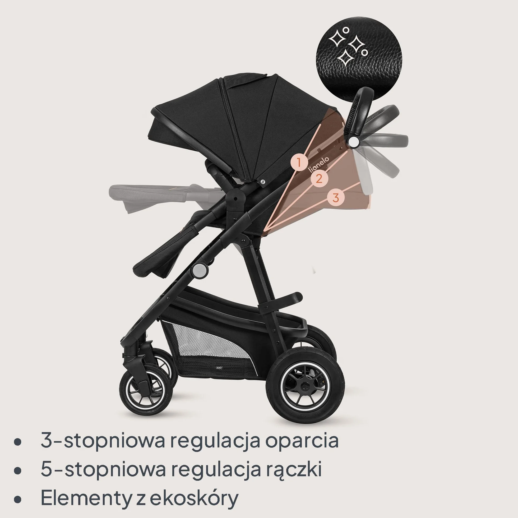 LIONELO BIANKA Wózek Spacerowy Dziecięcy 3 w 1 do 22 kg Gondola Fotelik Samochodowy do 13 kg, Składany, System Podróżny Regulacja Oparcia Koła 360o Amortyzacja, Daszek XXL (Czarny)
