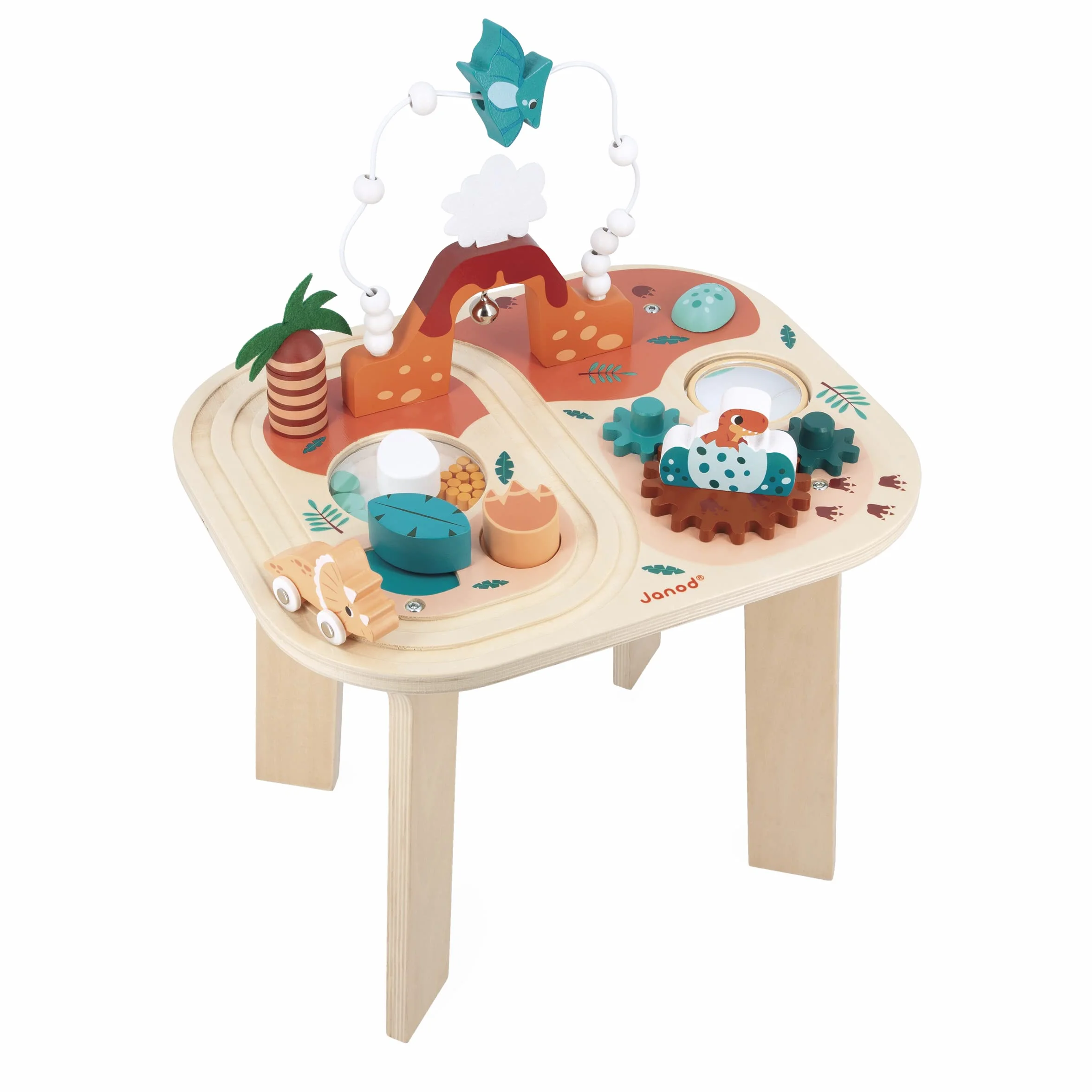 Janod Table Dinosaur-8 zajęć Pierwsza epoka przebudzenia-rozwija umiejętności motoryczne i zręczność-drewniana zabawka FSC-od 12 miesięcy, J05825, Wielokolorowa, Medium