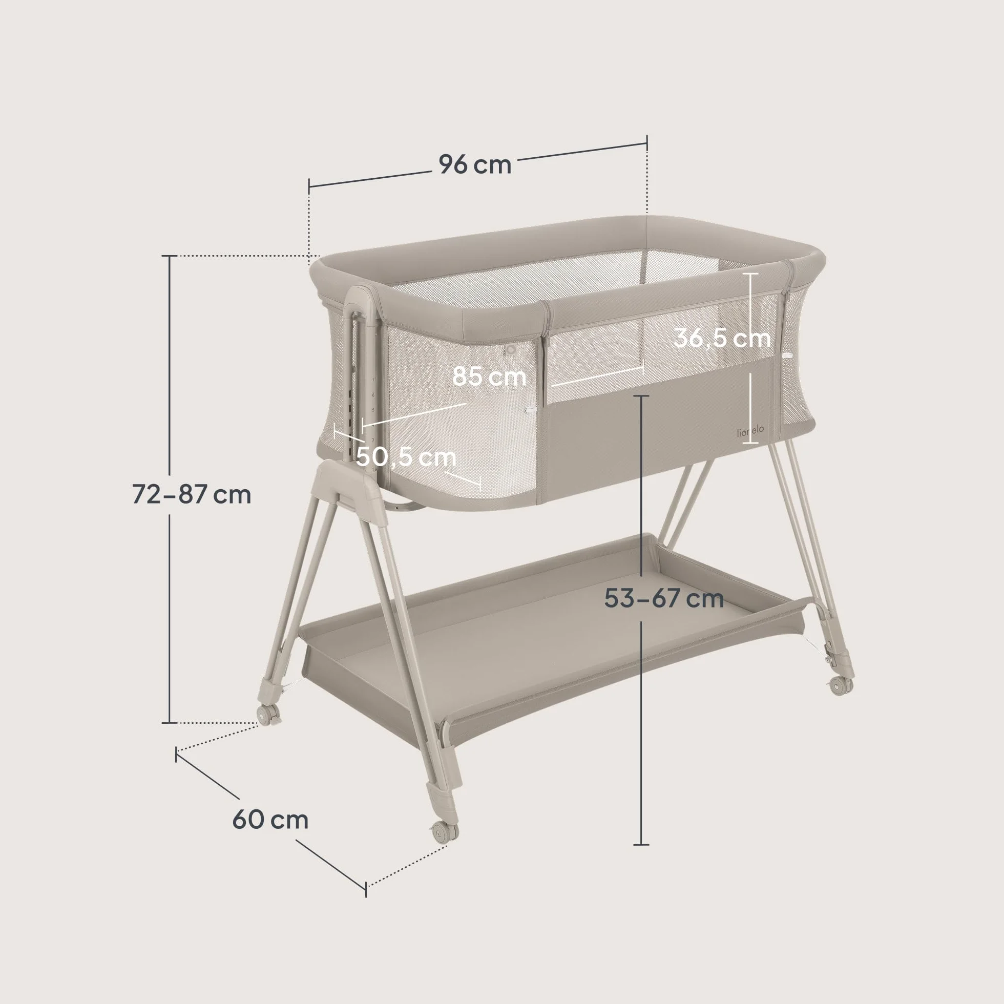 LIONELO Luna przenośne łóżeczko dostawne z materacykiem, co-sleeping, od noworodka do 9 kg. Regulowana wysokość i pochył, 4 kółka z blokadą, mocowanie do łóżka rodziców, przewiewne