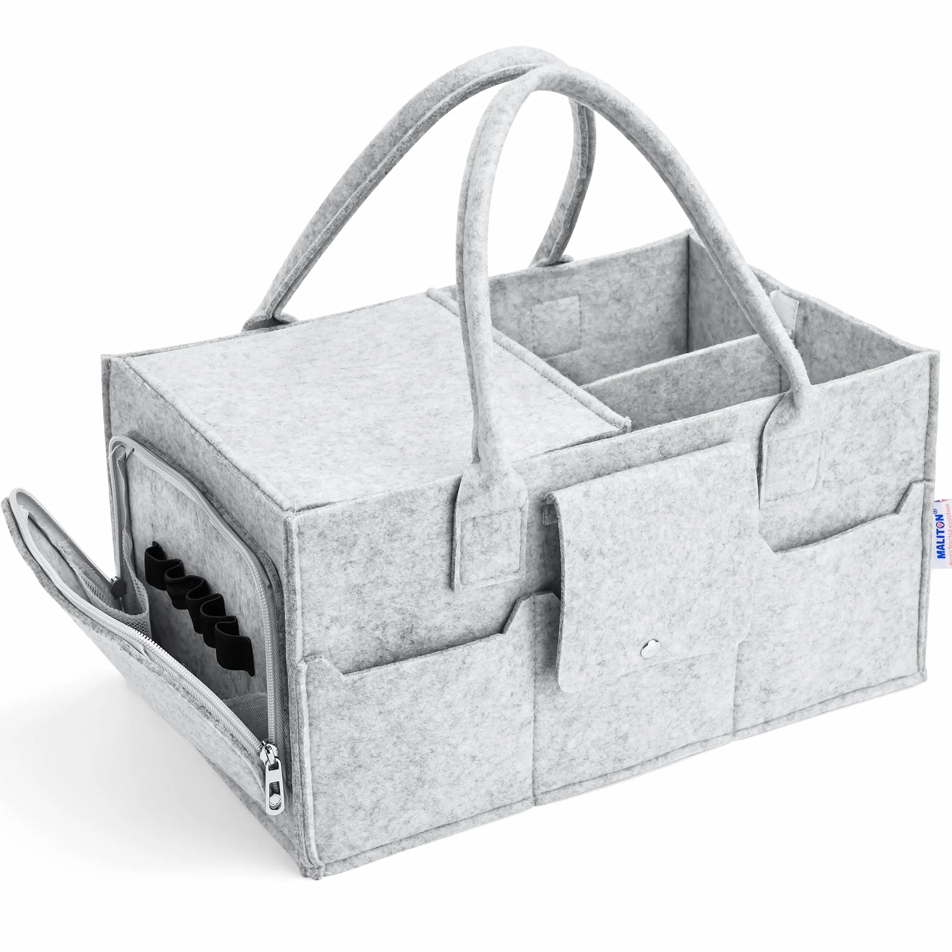 Maliton Pudełko na pieluchy dla niemowląt Niezbędne pudełko na pieluchy z pokrywką Wytrzymały przenośny zmywalny z odpinanymi przegródkami, prezent na baby shower, organizer na pieluchy, szary