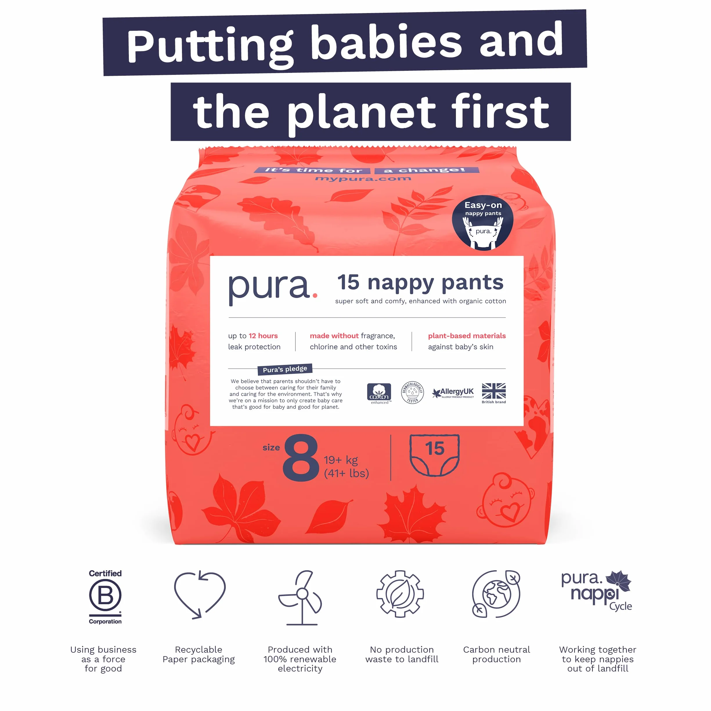 Pura Eco Nappy Pants rozmiar 8 (19 kg+) 15 nóżek odpinane szelki hipoalergiczne bez zapachu