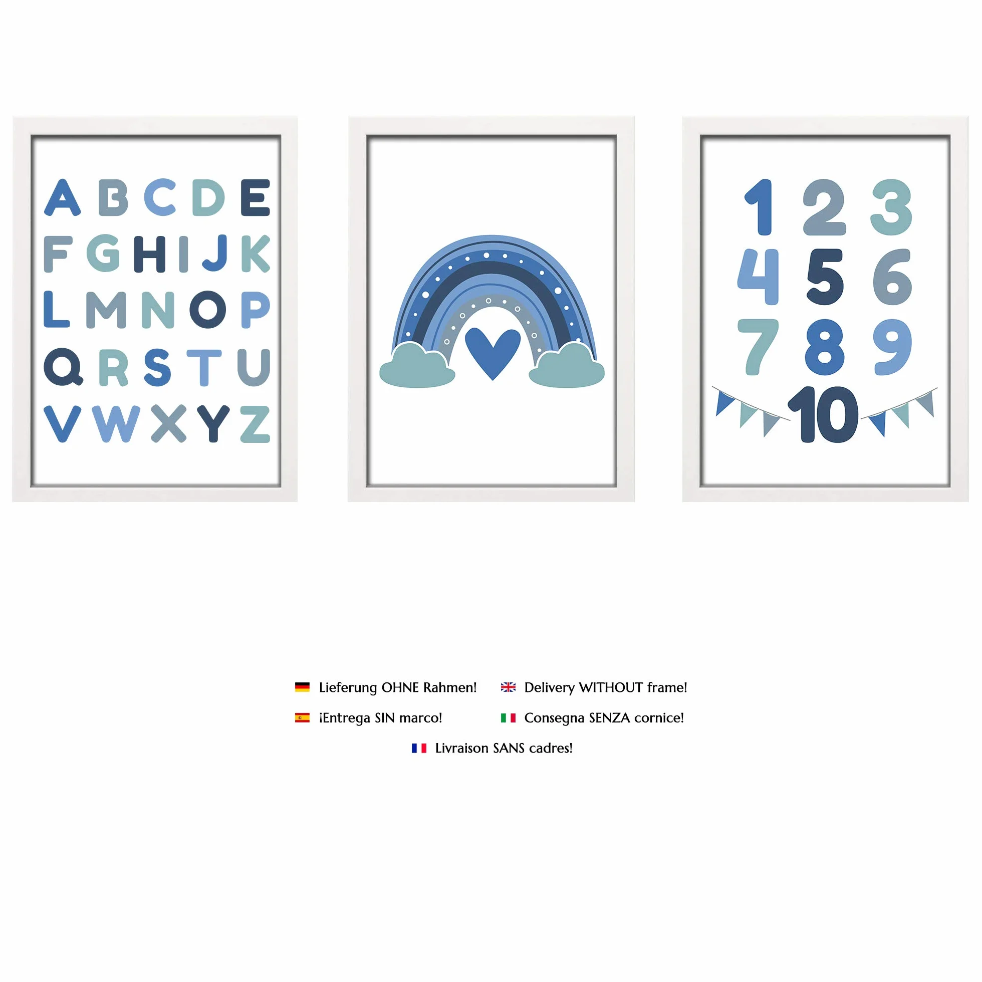 PREMYO 3 Plakat Dekoracja ściany - Dekoracja pokoju dziecięcego chłopca - Alfabet ABC Tęcza Niebieski Gruby Papier A4