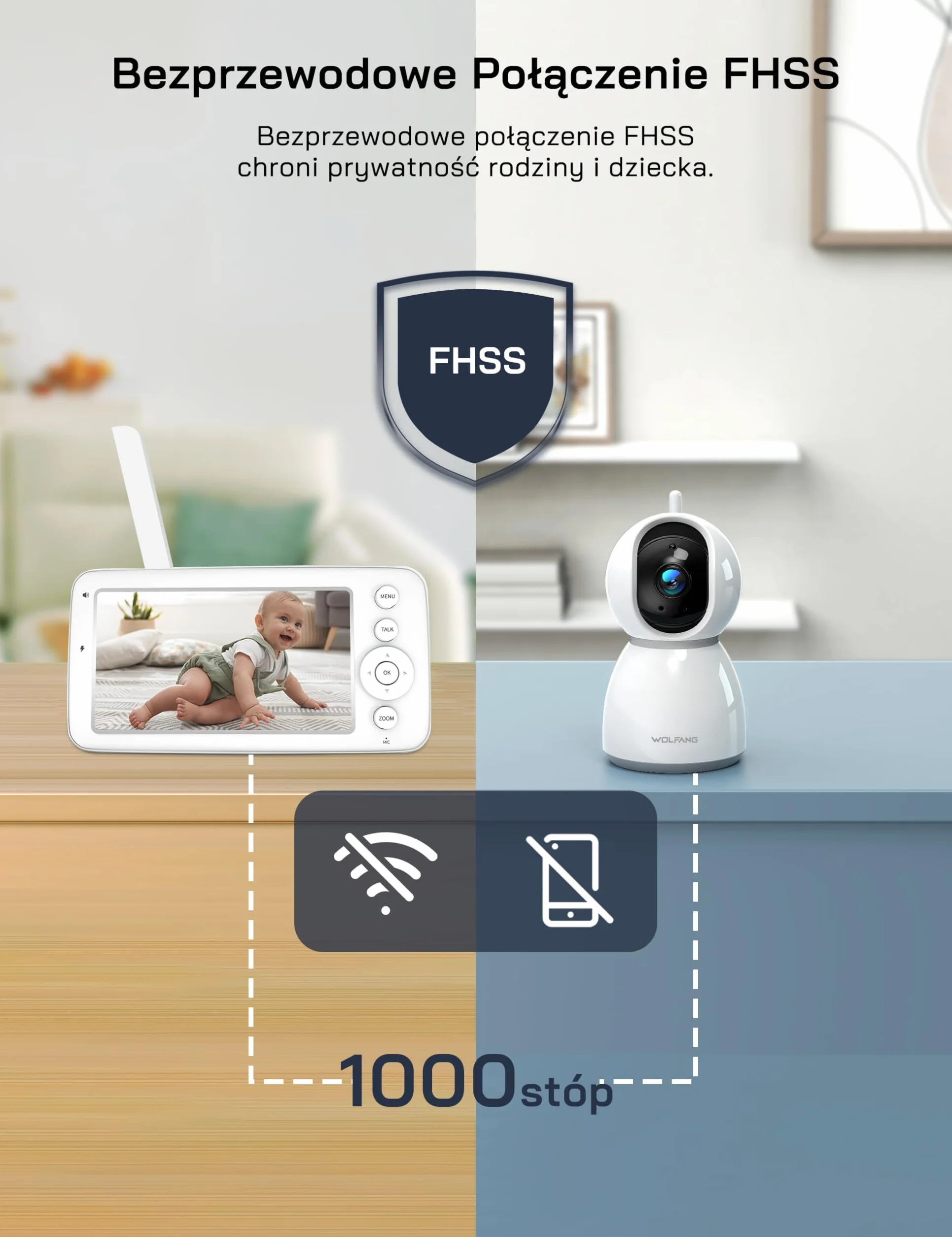 WOLFANG WB03 Baby Monitor 5" 720P z 10-godzinną baterią, kamera 1080P z noktowizorem i 2-krotnym zoomem cyfrowym, monitor wideo Pan-Tilt-Zoom bez WiFi, 2-drożna rozmowa, temperatura, 8 kołysanek