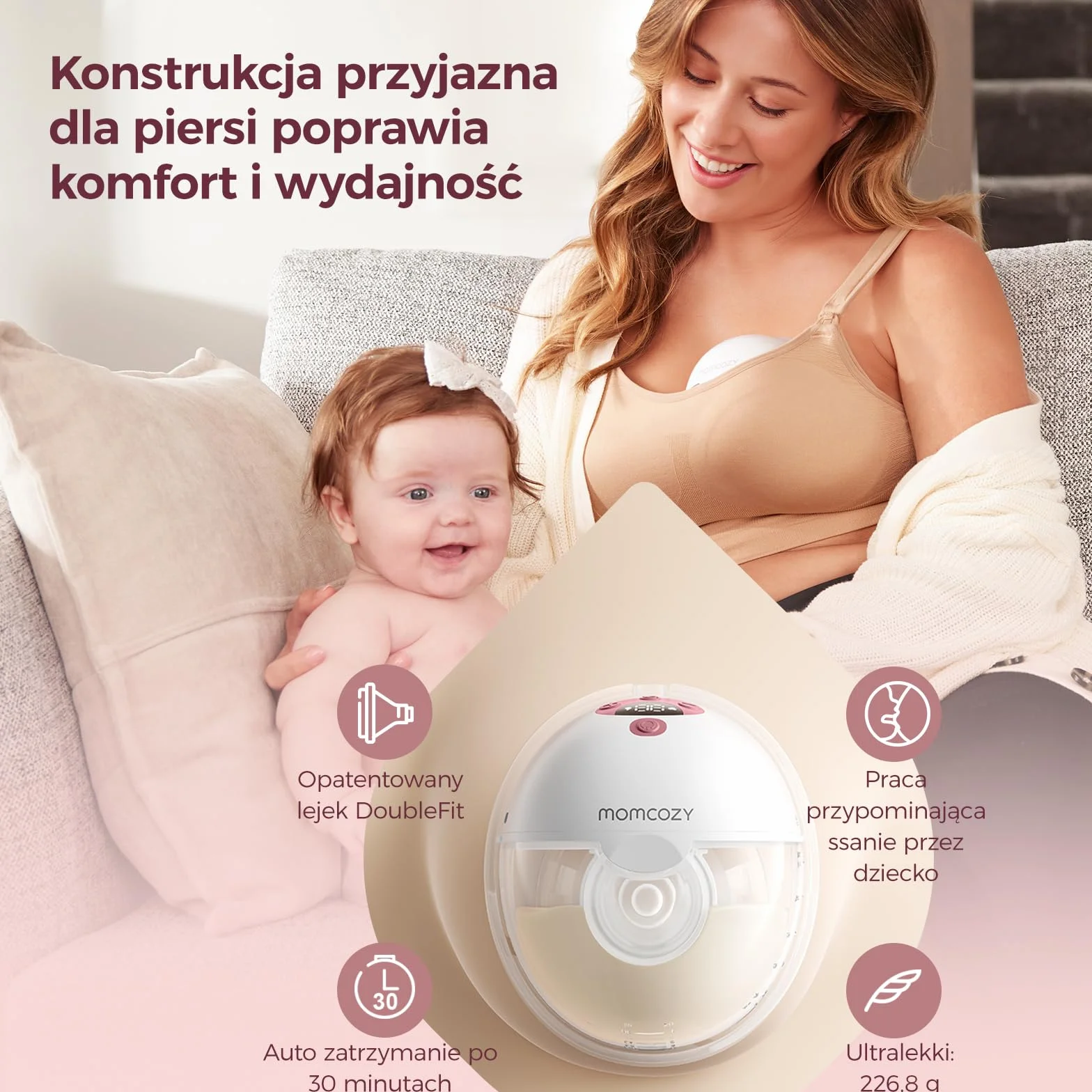Momcozy M5 Smart Elektryczna Laktacja Bezprzewodowa, 3 Tryby 9 Poziomów, 24 mm, Czerwony, 2 szt.
