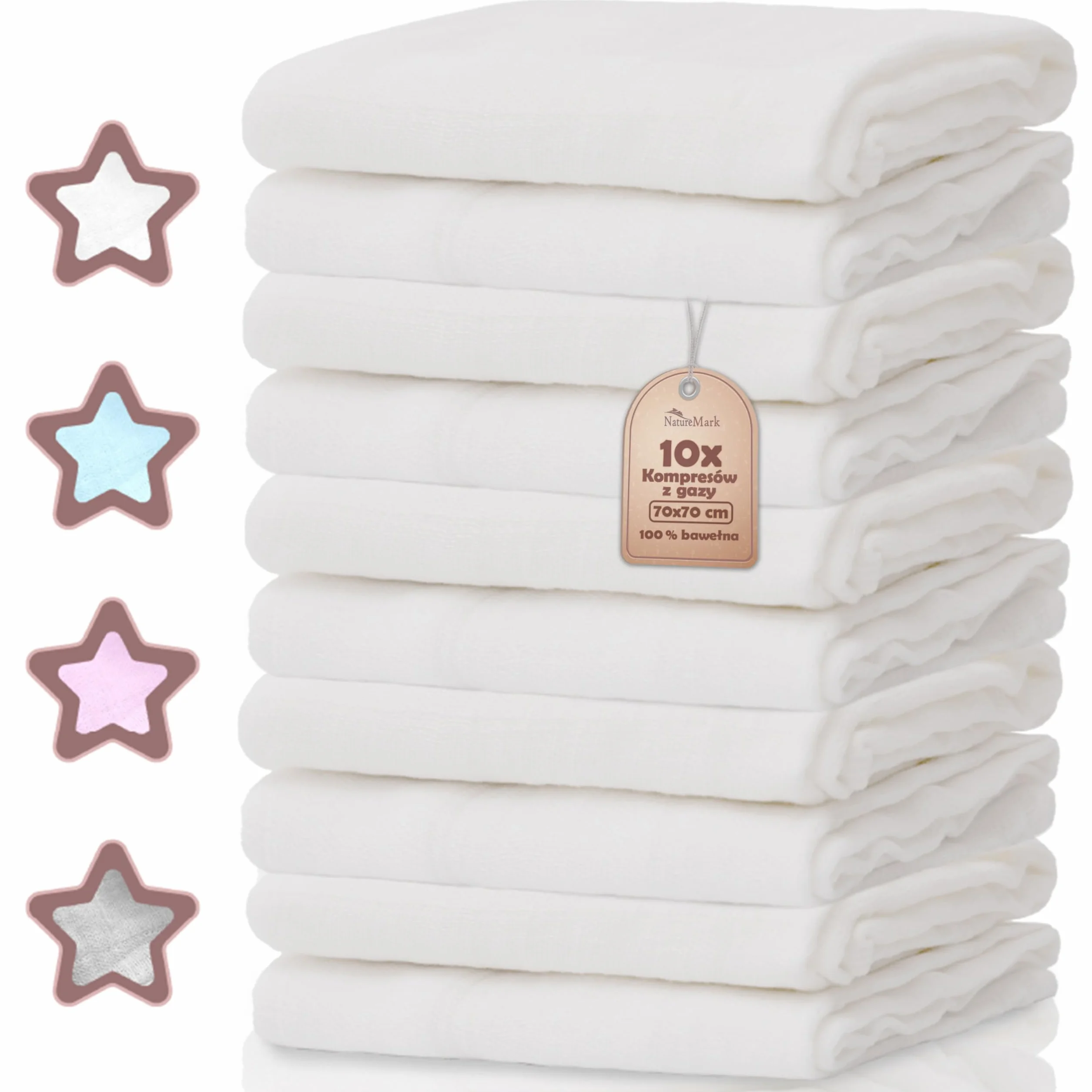 NatureMark Zestaw 10 pieluszek muślinowych dla niemowląt – 100% bawełna – Miękkie i chłonne ściereczki do karmienia i pielęgnacji dziecka, pieluszki i śliniaczki, 70x70 cm, Białe