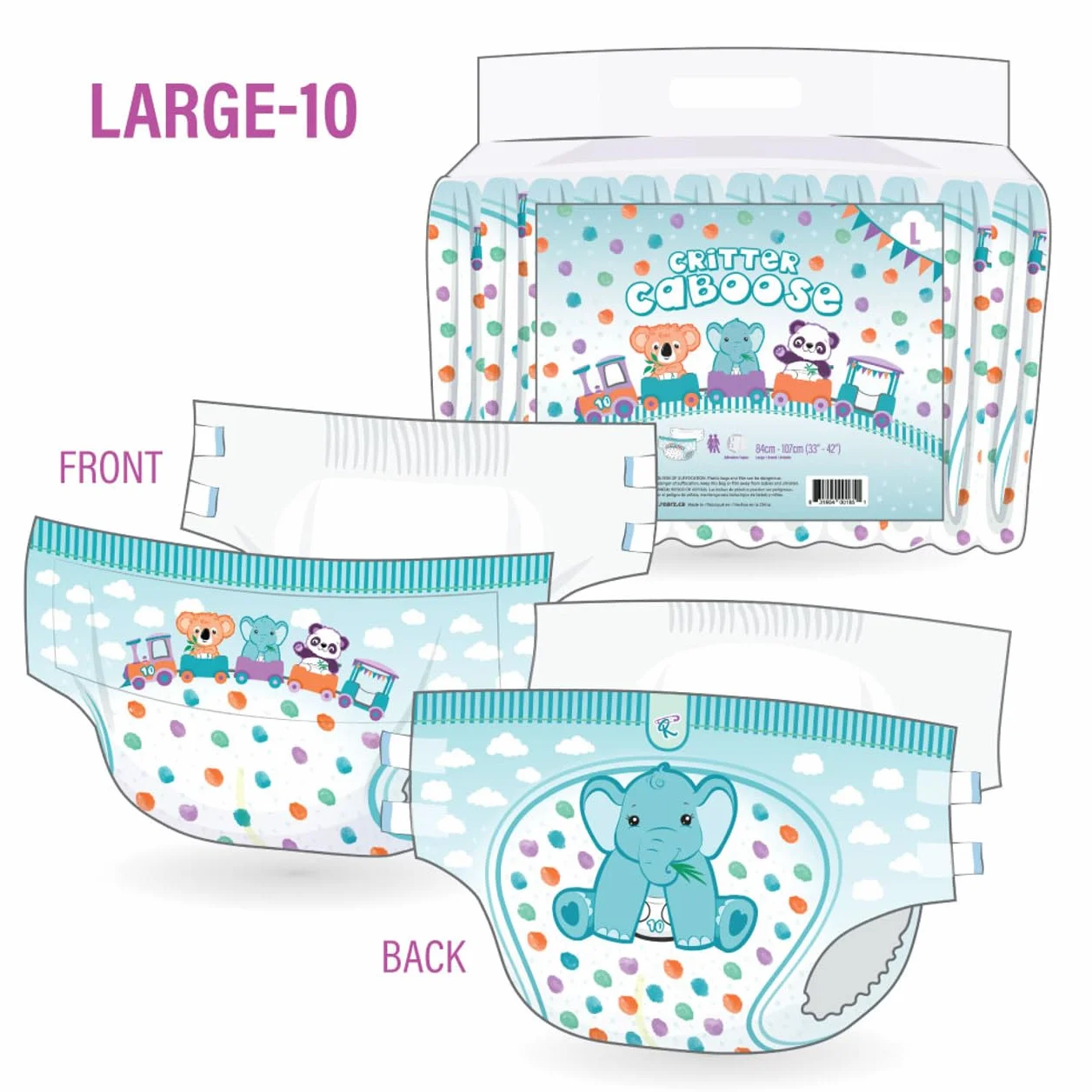 Rearz - Critter Caboose krótkie pieluchy z nadrukiem dla dorosłych - 12 sztuk - 7600 ml (rozmiar L (84-107 cm)