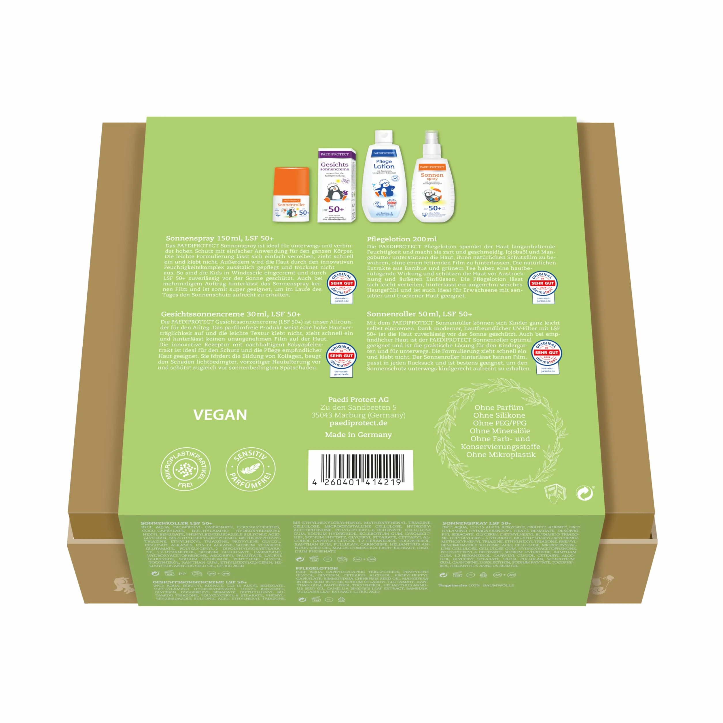 PAEDIPROTECT Zestaw wiosenny 5 produktów do ochrony przeciwsłonecznej i pielęgnacji skóry dla niemowląt i dzieci, SPF 50+, w zestawie: 2 x krem przeciwsłoneczny do twarzy, 1 x spray przeciwsłoneczny