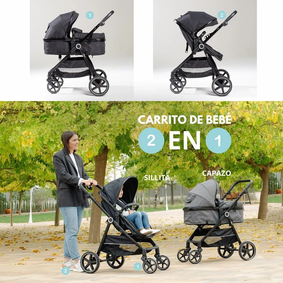 Wózek dziecięcy 2 w 1, model Versa - Interbaby | Uniwersalny wózek dziecięcy z regulowanym siedziskiem i wyściełanym łóżeczkiem dziecięcym – od urodzenia do 48 miesięcy lub 22 kg