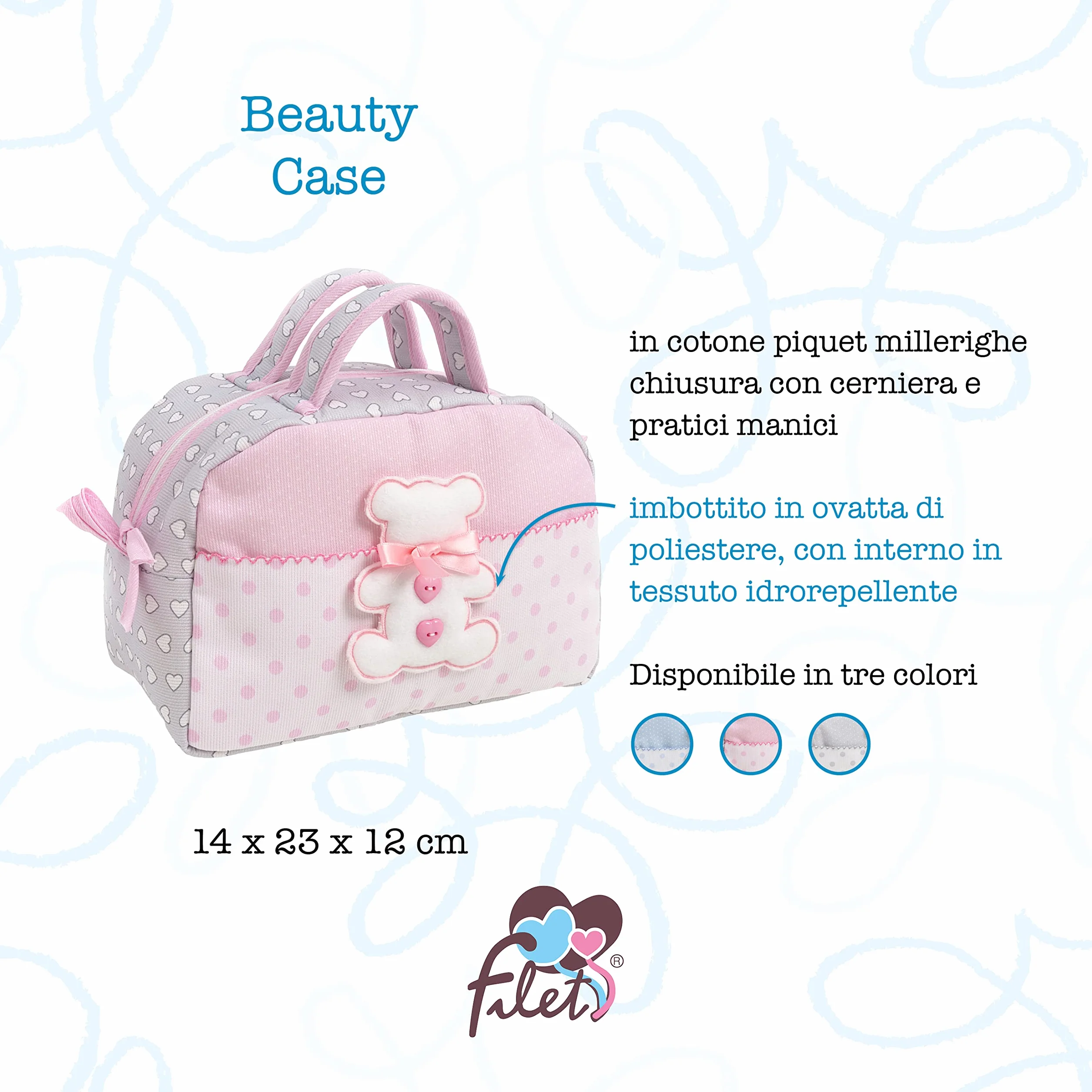 FILET Beauty Case z uchwytami i zamkiem błyskawicznym, bawełna wyściełana, szary i różowy, Made in Italy