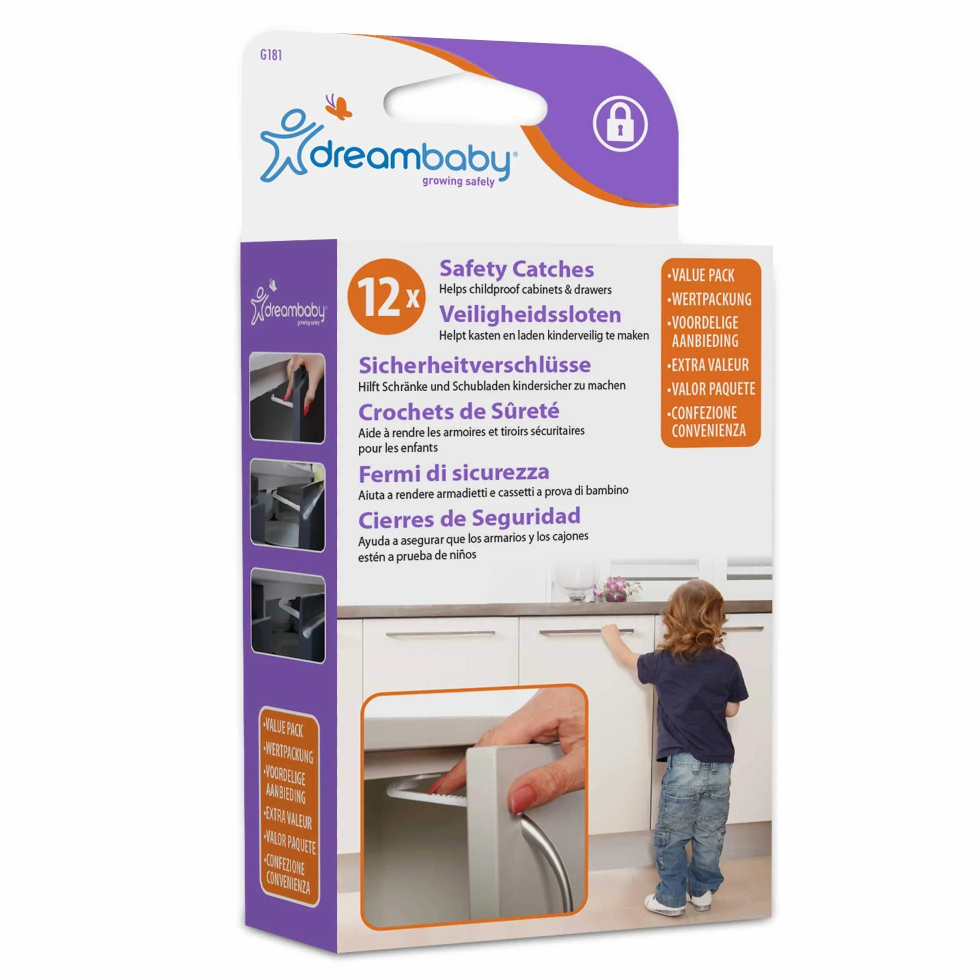 Dreambaby G181 szafka zabezpieczająca przed dziećmi, rygiel bezpieczeństwa, zabezpieczenie szuflad, zabezpieczenie szafy (12 szt.)