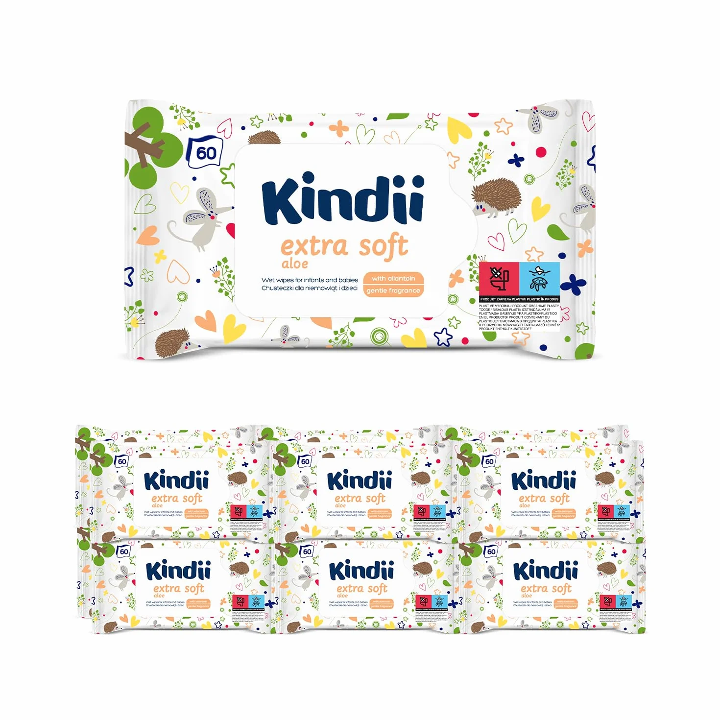 Kindii Chusteczki nawilżane dla niemowląt i dzieci, ekstra miękki aloes, działanie ochronne, nawilżające, regenerujące, delikatny zapach, alantoina, emolliet, aloes, neutralne pH - 720 szt. - 12 x 60