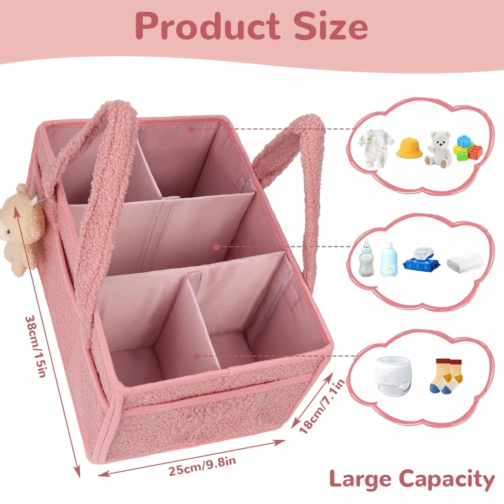 Organizer na pieluchy dla niemowląt, przenośny organizer na pieluchy, pluszowy organizer na pieluchy, z przegródkami i uchwytami, pluszowy organizer na pieluchy, duży z misiem, różowy