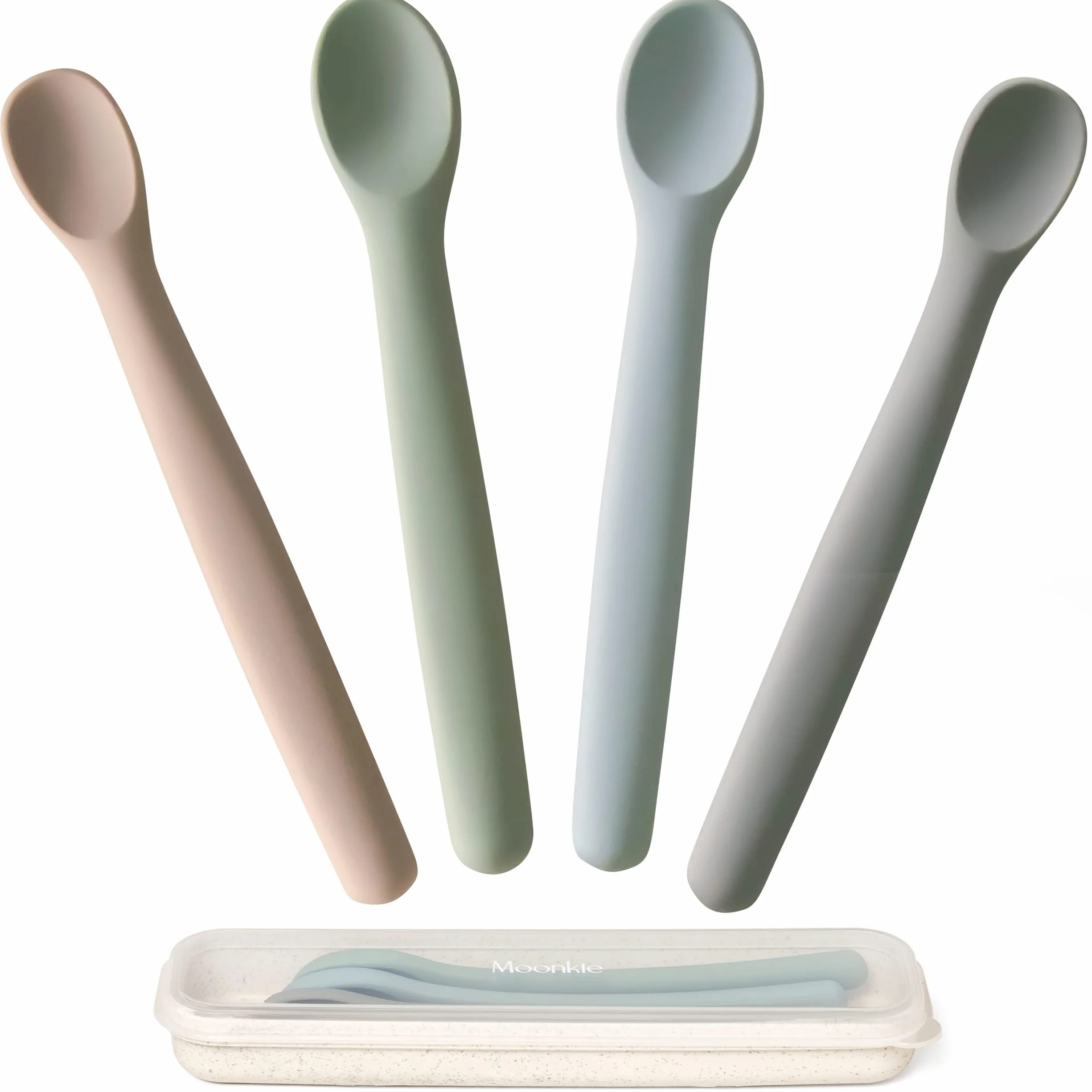 Moonkie Baby Spoon, Zestaw 4 Łyżka dla Niemowląt, Silikonowych Łyżeczek, Łyżka do Nauki, Łyżka Treningowa dla Niemowląt, Idealna do Samodzielnego Karmienia i Odstawiania od Piersi