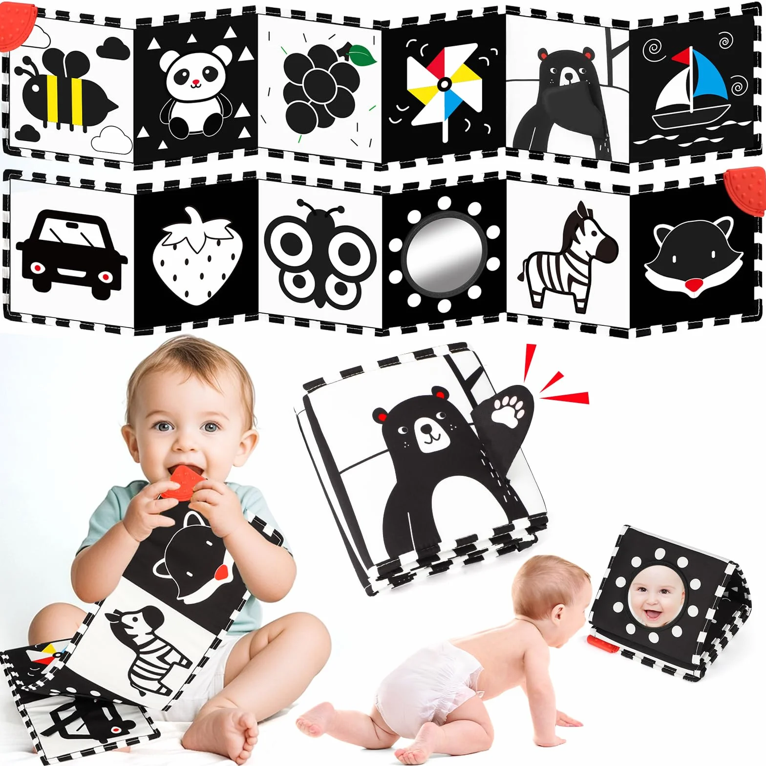 Black & White książka dla niemowląt, książka z kontrastem dla niemowląt, z materiału, dla niemowląt, dla dzieci 0, 3, 6, 9, 12 miesięcy, prezent dla noworodka